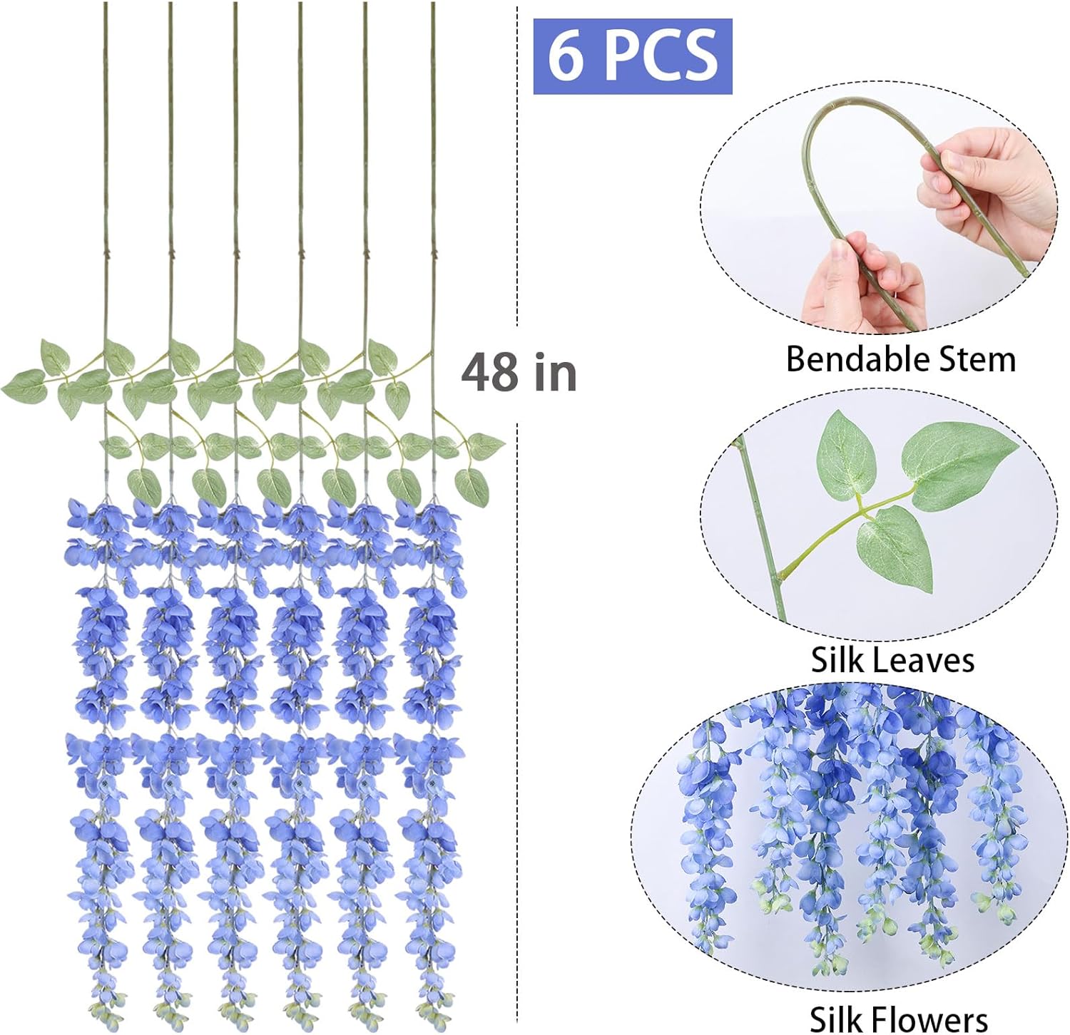 Mizii 6Pcs Royal Blue Wisteria Garland Hanging Flowers Decor