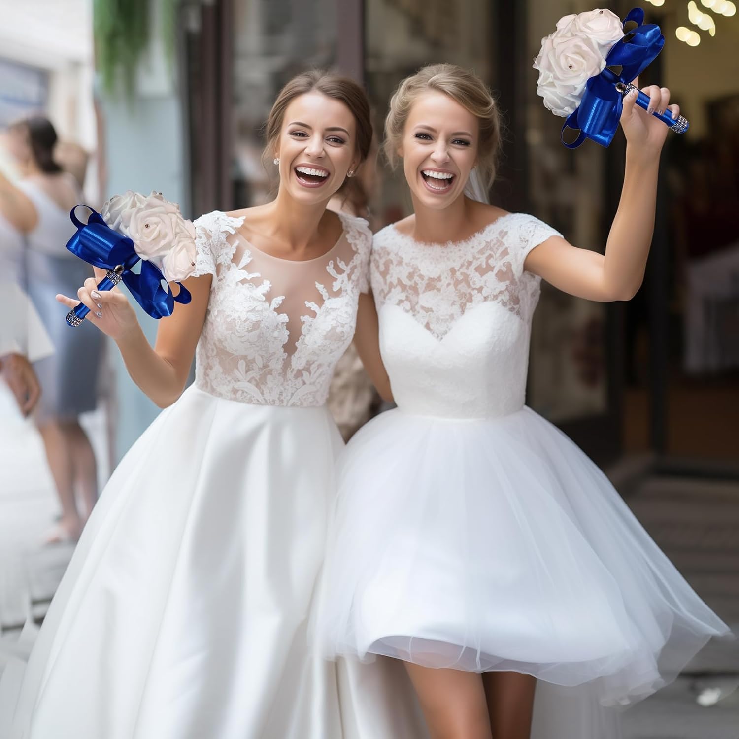 Crystal Diamond Silk Roses Wedding Bouquet Blue
