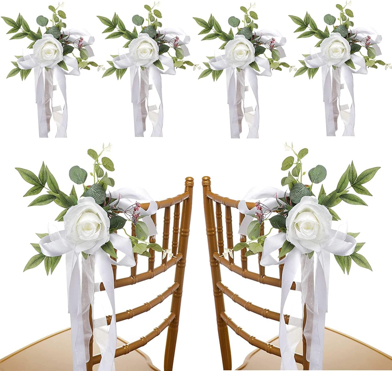 6PCS Wedding Chair Decorations with Flowers and Ribbons
