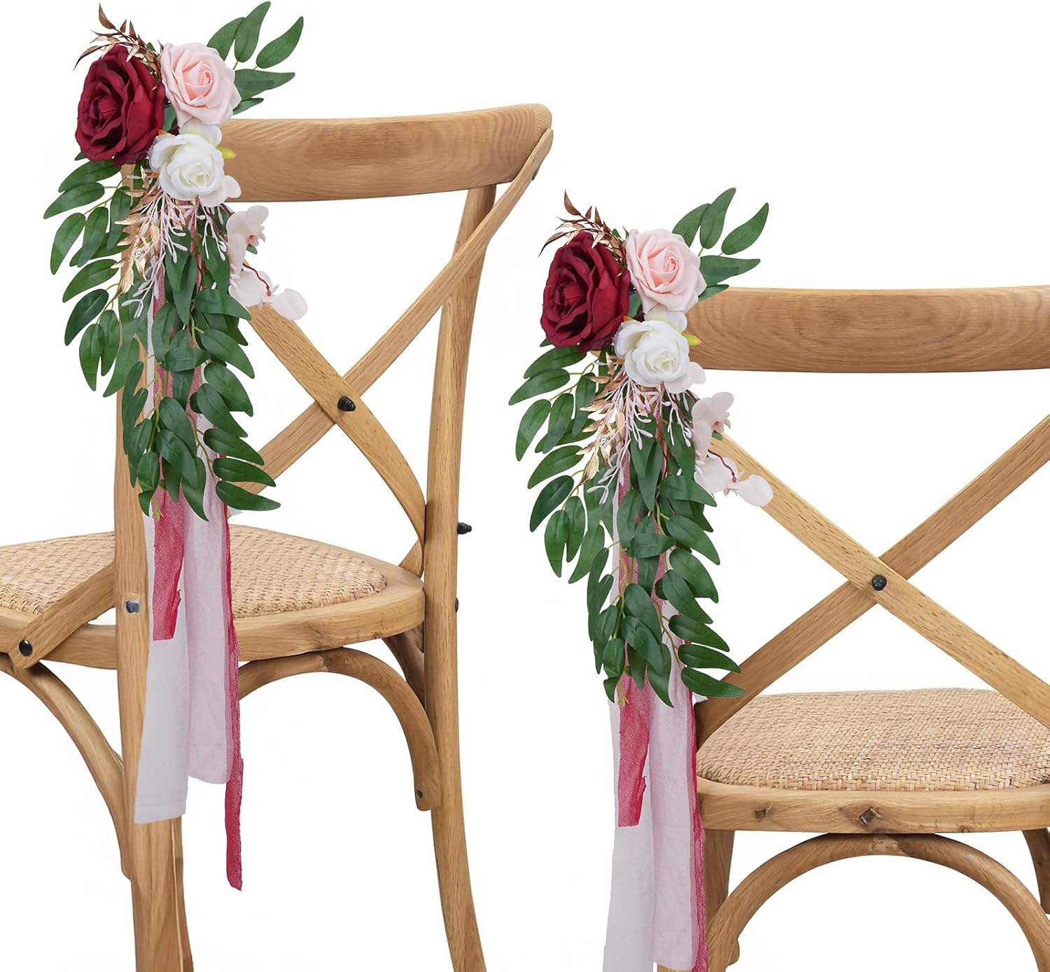 6PCS Wedding Artificial Aisle Chair Flowers Decor with Chiffon Ribbons