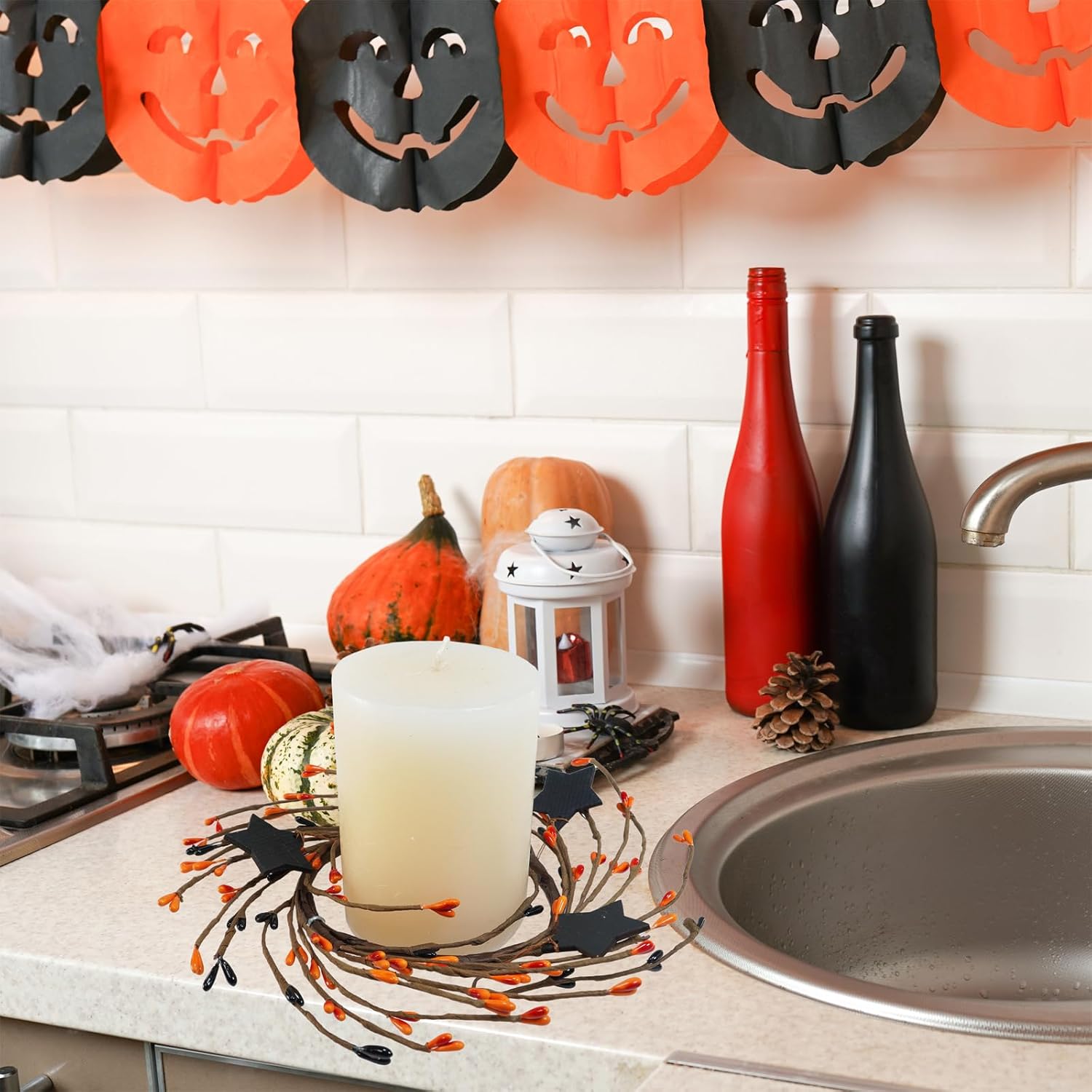 Winlyn 4 Pack Halloween Candle Rings with Wooden Stars