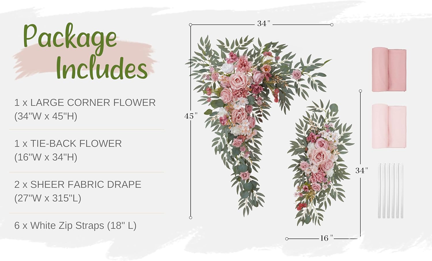 WEDFLOR Wedding Arch Flowers with Drapes Kit Pack of 4
