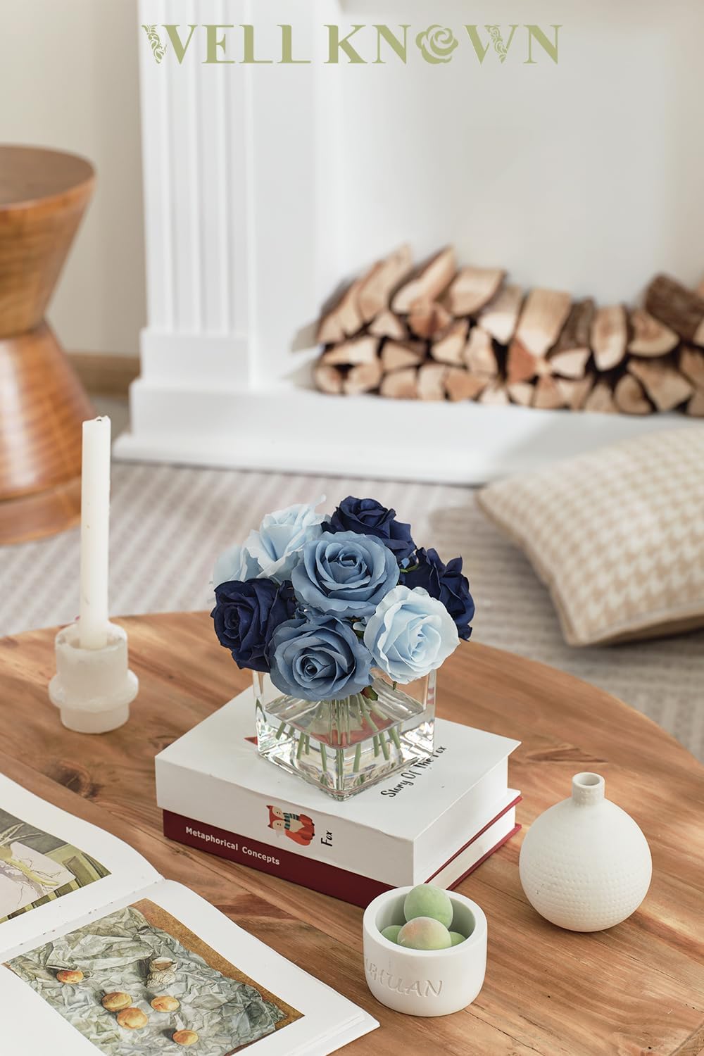 Silk Rose Artificial Flowers in Blue Vase with Faux Water