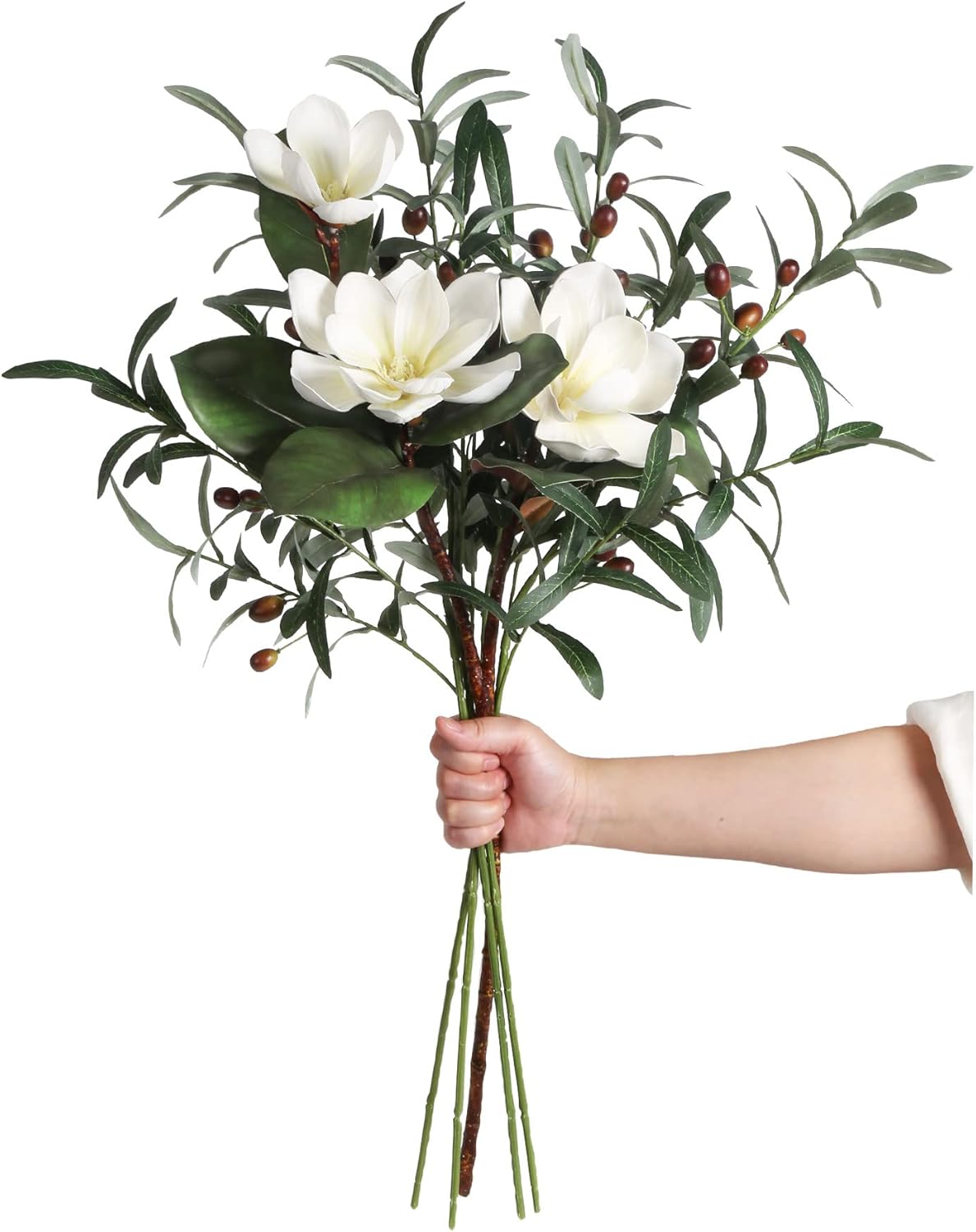 White Silk Magnolia Flowers and Olive Branches Artificial Flower Set for Vases
