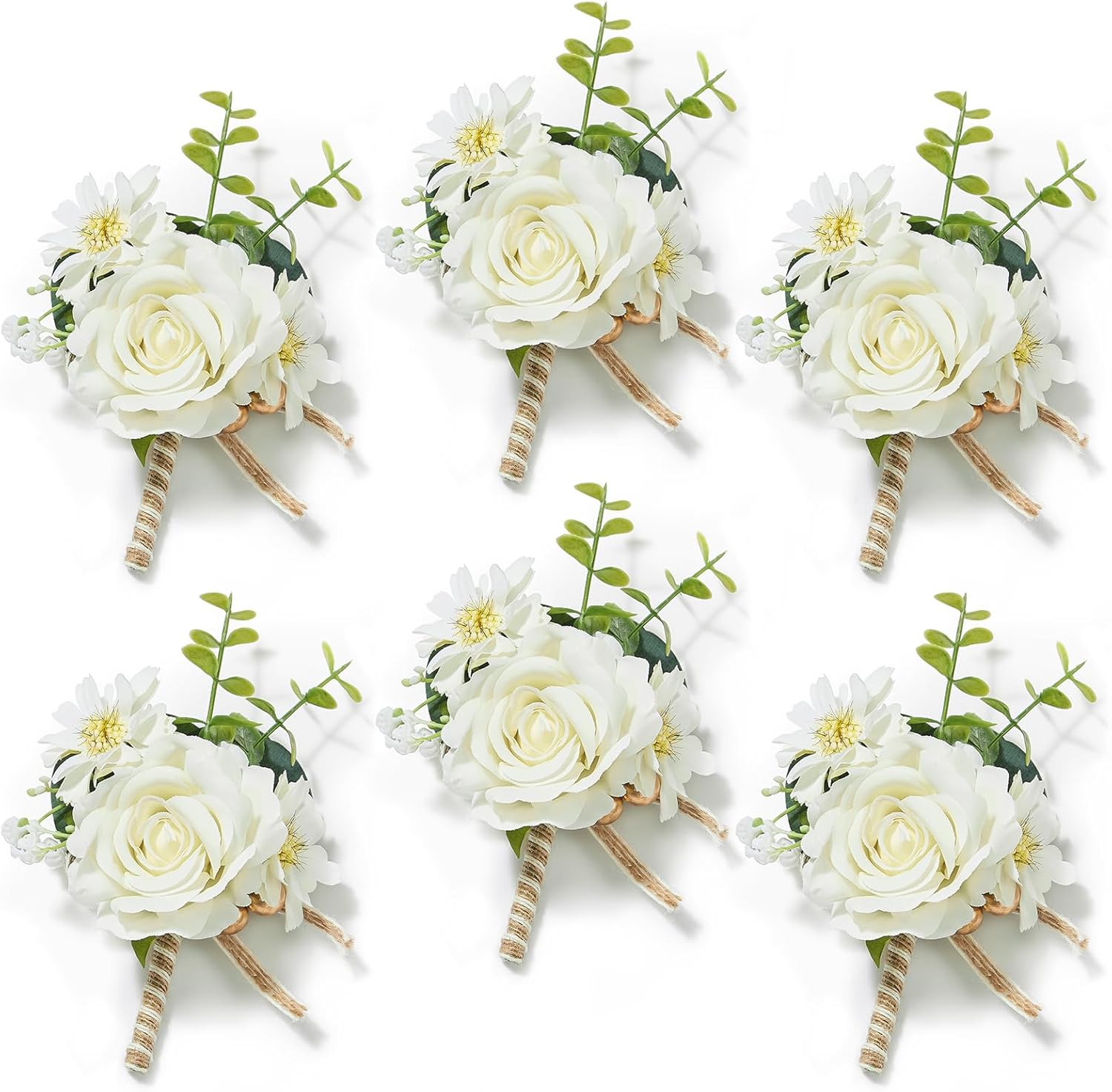 Serwalin 6PCS Ivory Rose Boutonniere for Men Wedding Groomsmen