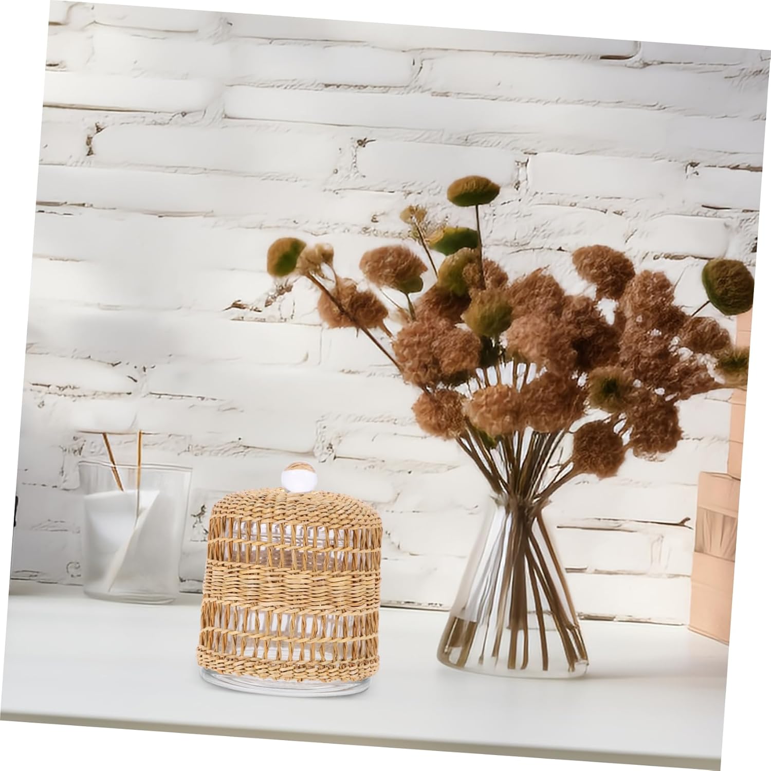 Zerodeko Glass Candle Dome Holder with Rattan Wrap Decorative Cover