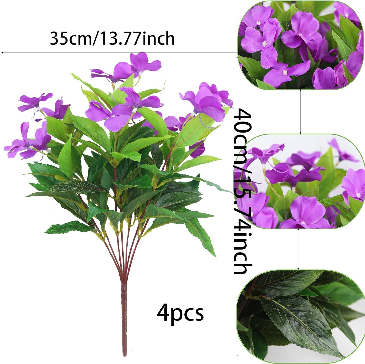 4 Pcs Artificial Impatiens Flowers for Outdoor Decor