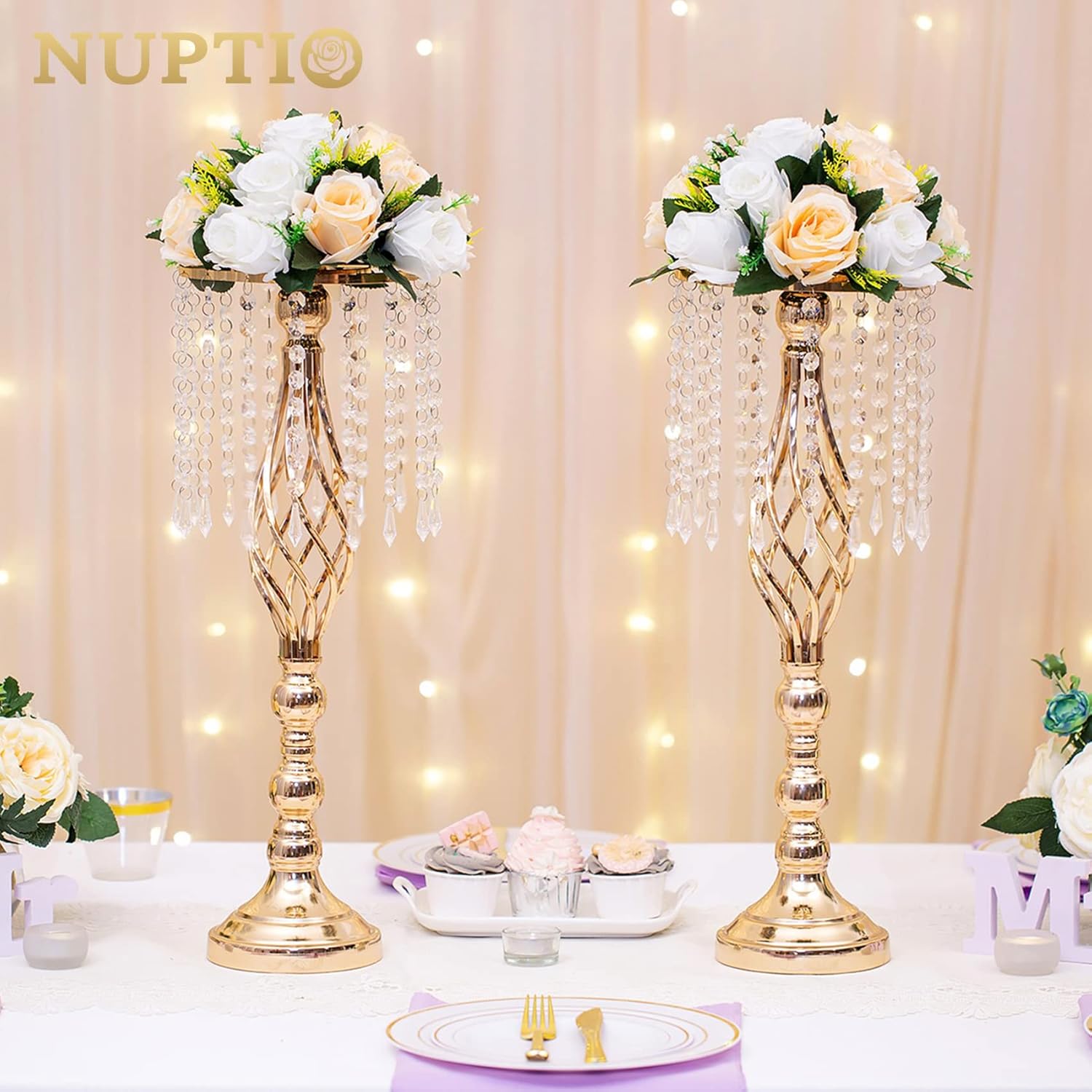 NUPTIO 6 Piece Champagne White Fake Flower Arrangement Bouquet with Base