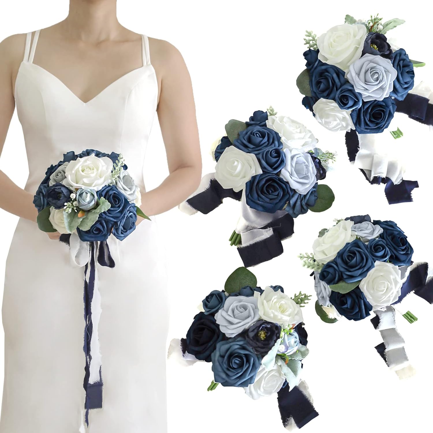 Lookein 4pcs 7 Inch Artificial Bridesmaid Bouquets Navy Blue