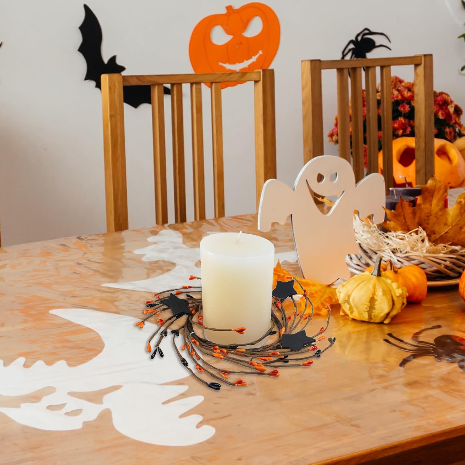Winlyn 4 Pack Halloween Candle Rings with Wooden Stars