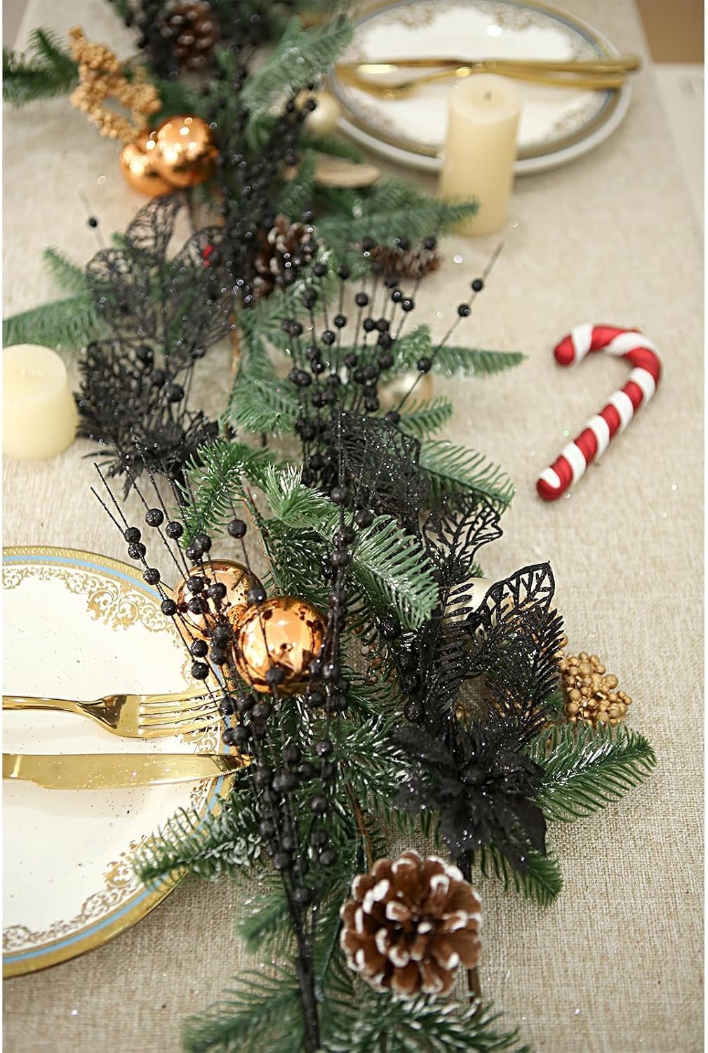 12 Pack Artificial Glitter Christmas Tree Picks Black with Berry Stems and Flowers