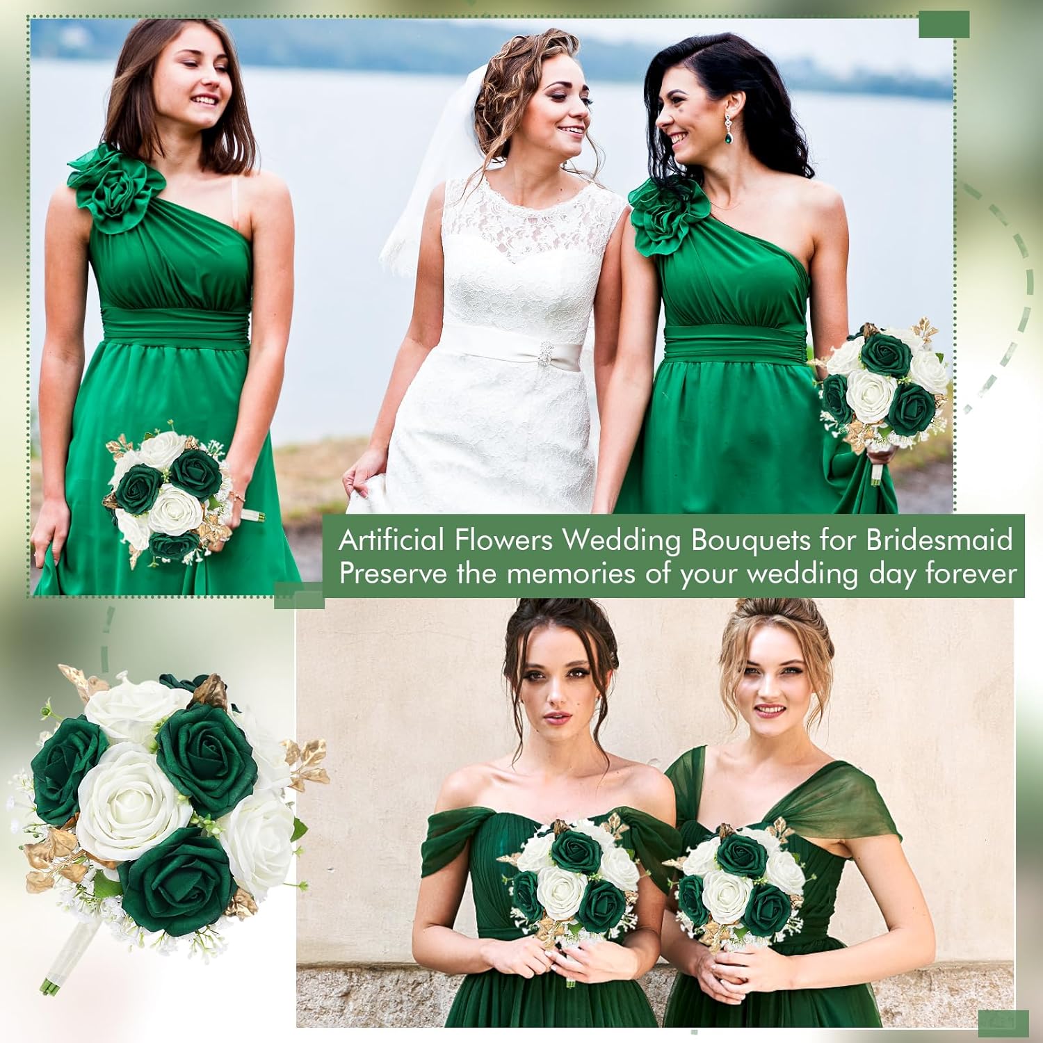Wedding Bridesmaid Bouquet Set of 4 Artificial Flowers Emerald White Gold