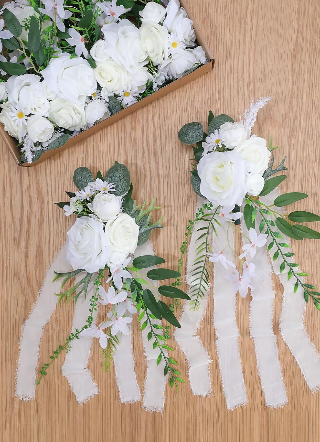 Wedding Chair Decorations 8pcs Artificial Flowers with Chiffon Ribbons