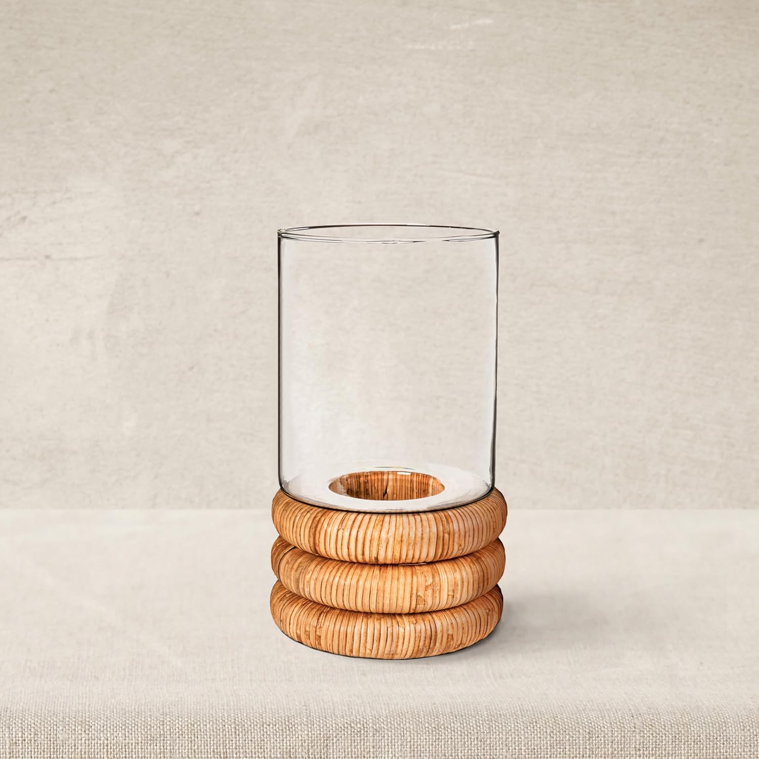 Creative Co Op Glass Hurricane Vase with Woven Rattan Base Small