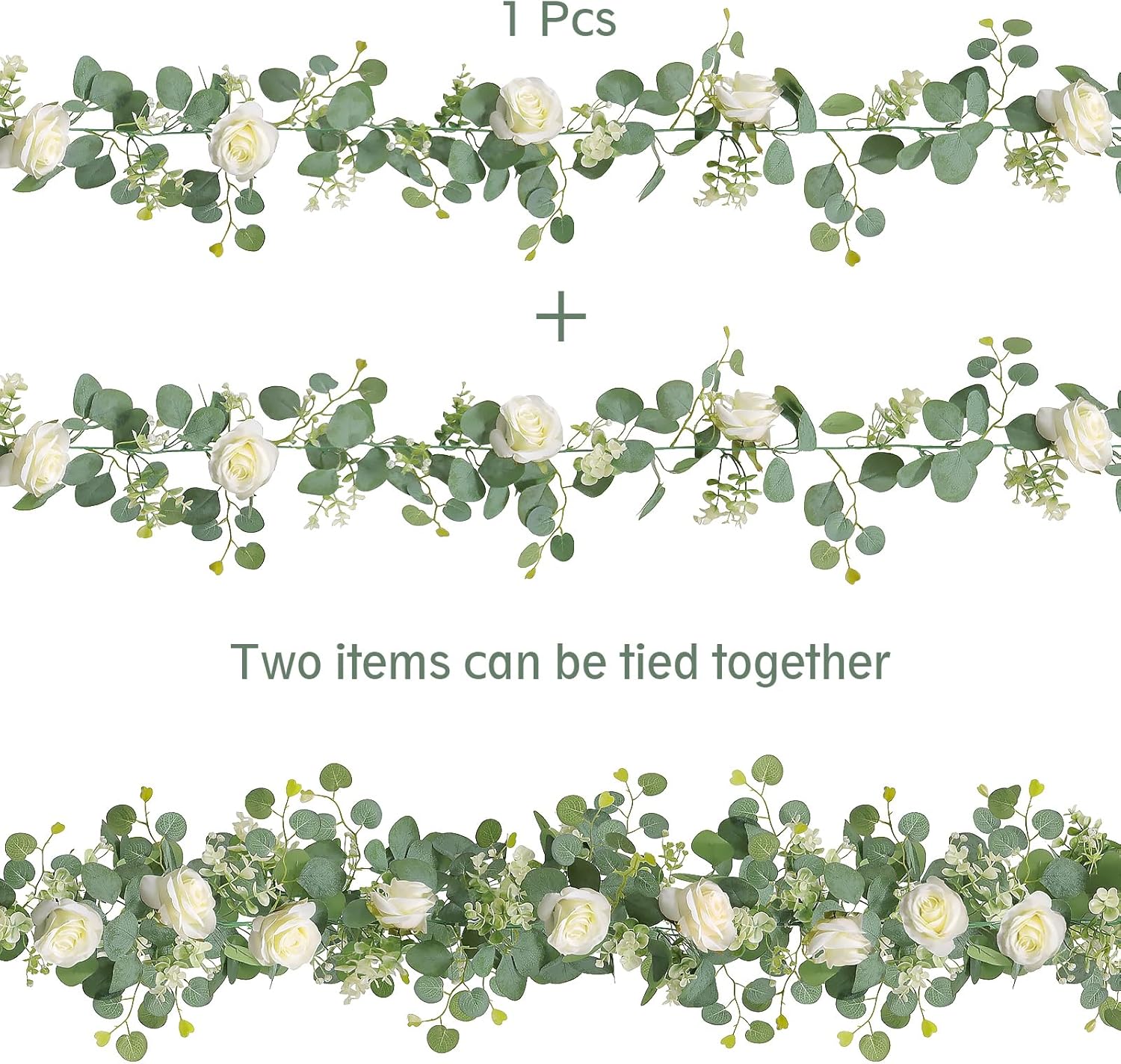 TOCHGREEN 2Pcs Artificial Eucalyptus Garland with White Roses and Gypsophila
