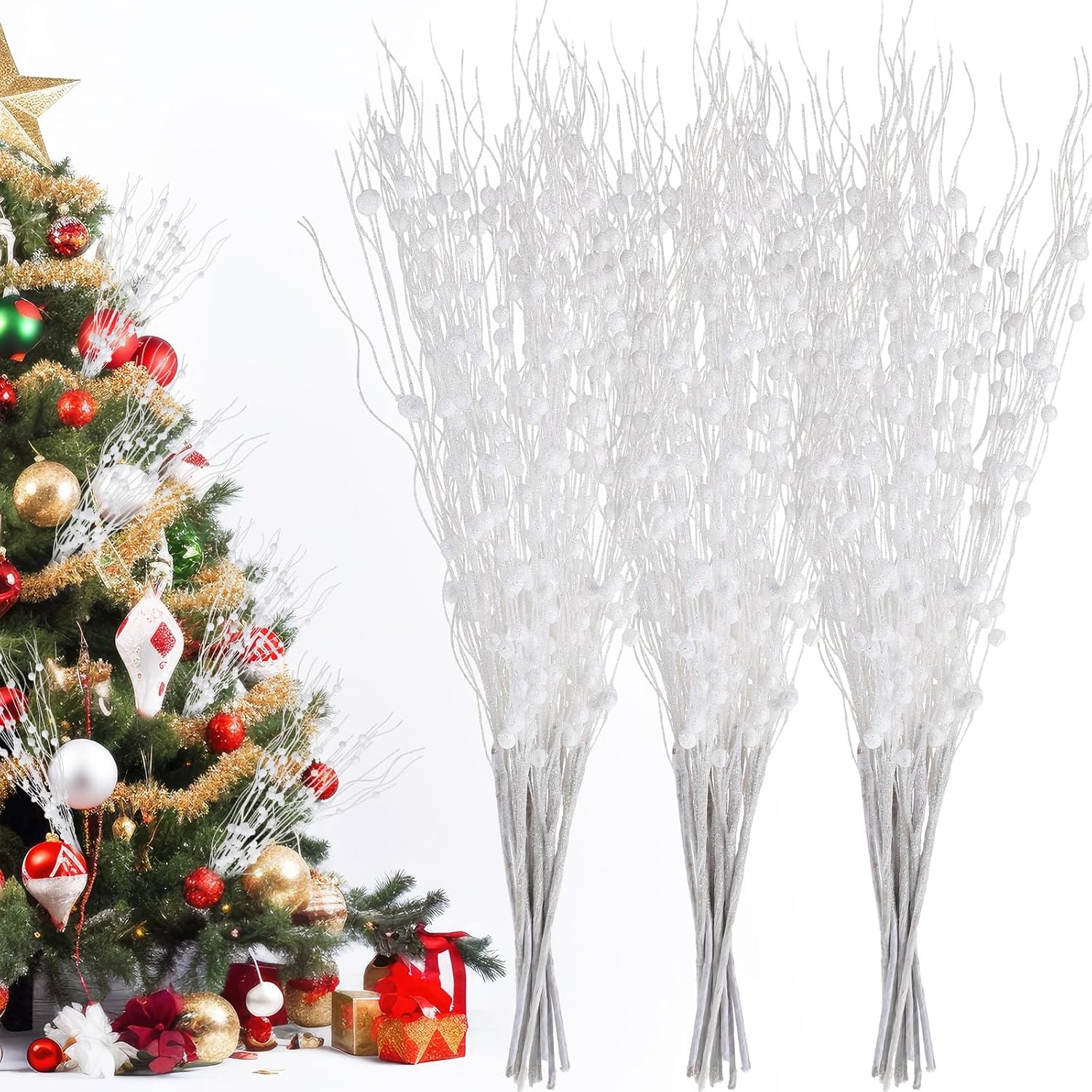 Libima 36 Pcs Glitter Berry Stem Ornaments White