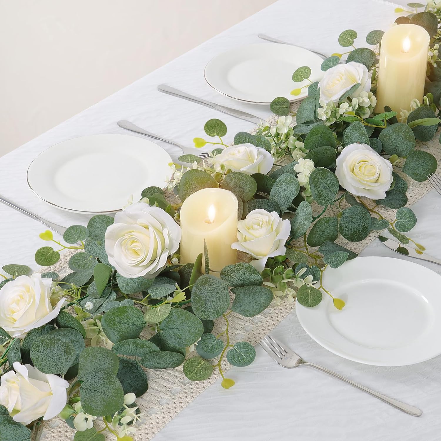 TOCHGREEN 2Pcs Artificial Eucalyptus Garland with White Roses and Gypsophila
