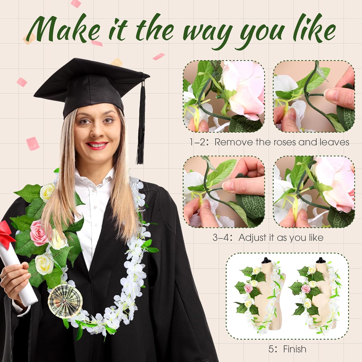 6 Pcs Hawaiian Graduation Lei with Roses