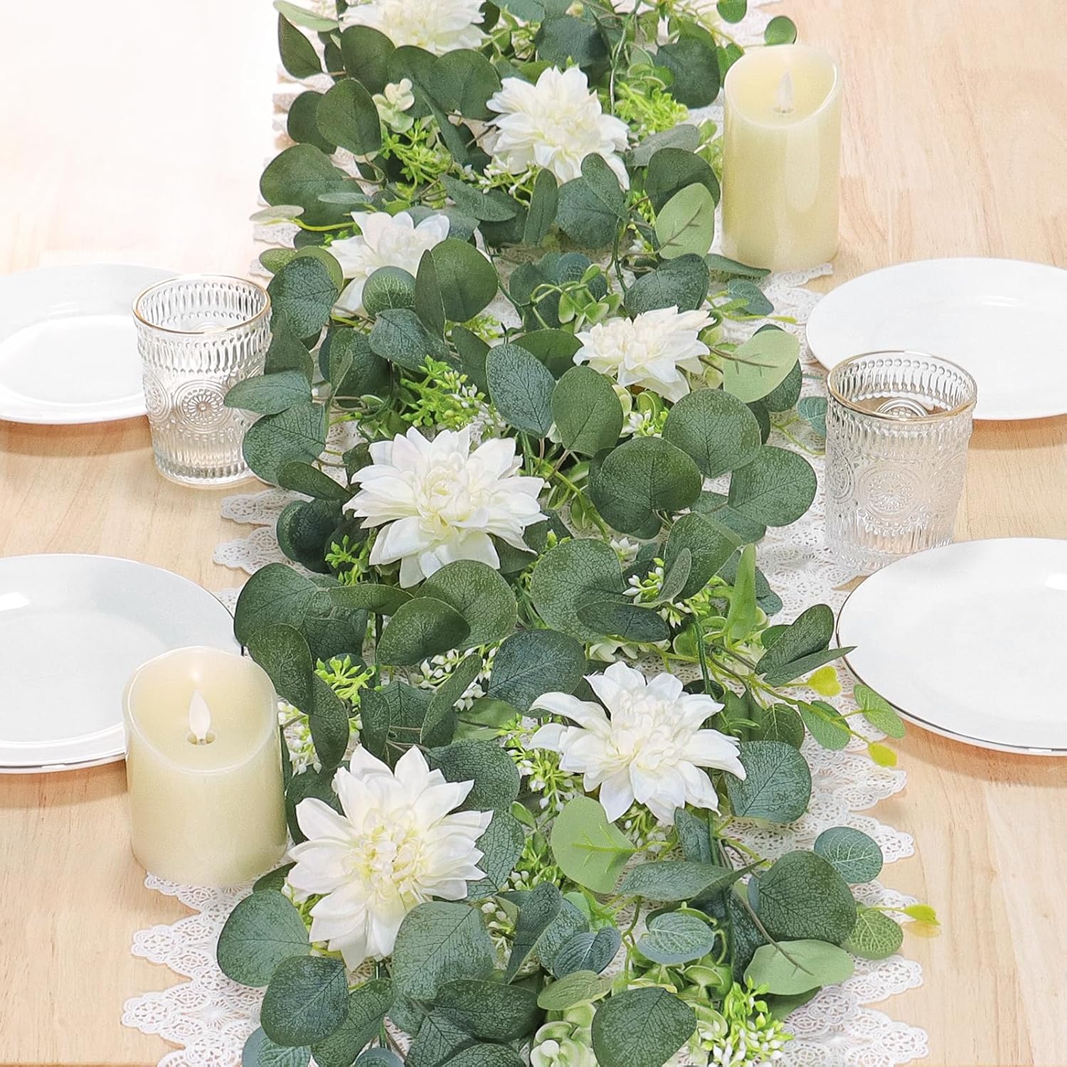 Dremisland Artificial Flowers Garland 2 Pack 12ft Eucalyptus with White Dahlias and Berries