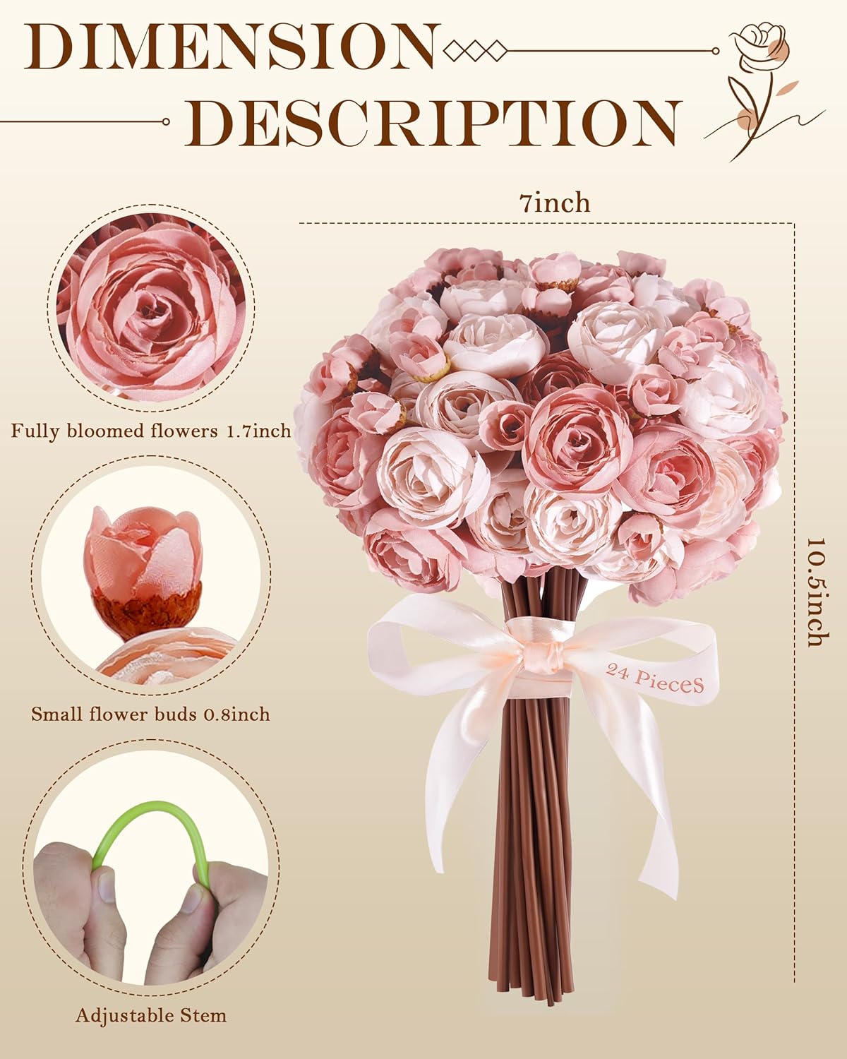 24Pcs Faux Ranunculus Flowers with 4 Blooms per Stem