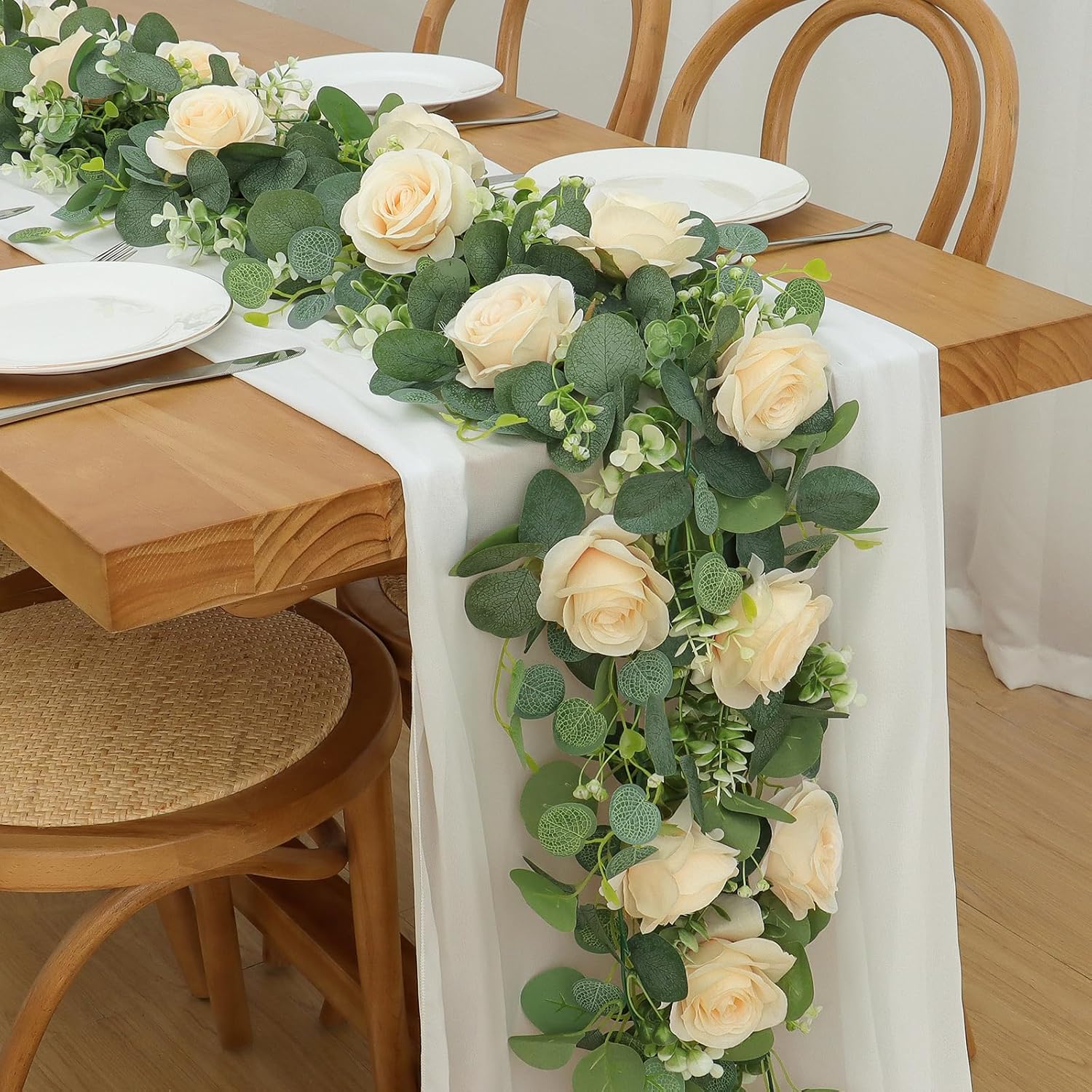 TOCHGREEN 2Pcs Artificial Eucalyptus Flower Garland with Champagne Rose and Gypsophila