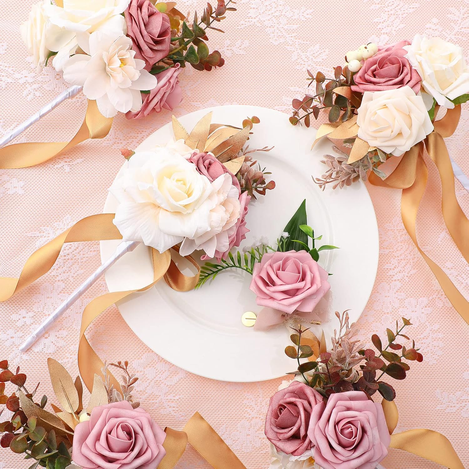 Karenhi 12 Pcs Artificial Wedding Bouquets and Boutonniere Set Rose White