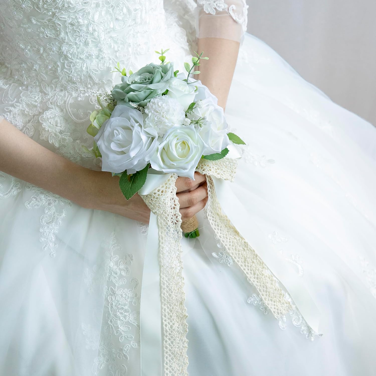 Elegant Artificial Wedding Bouquet with Silk Roses and Baby Breath