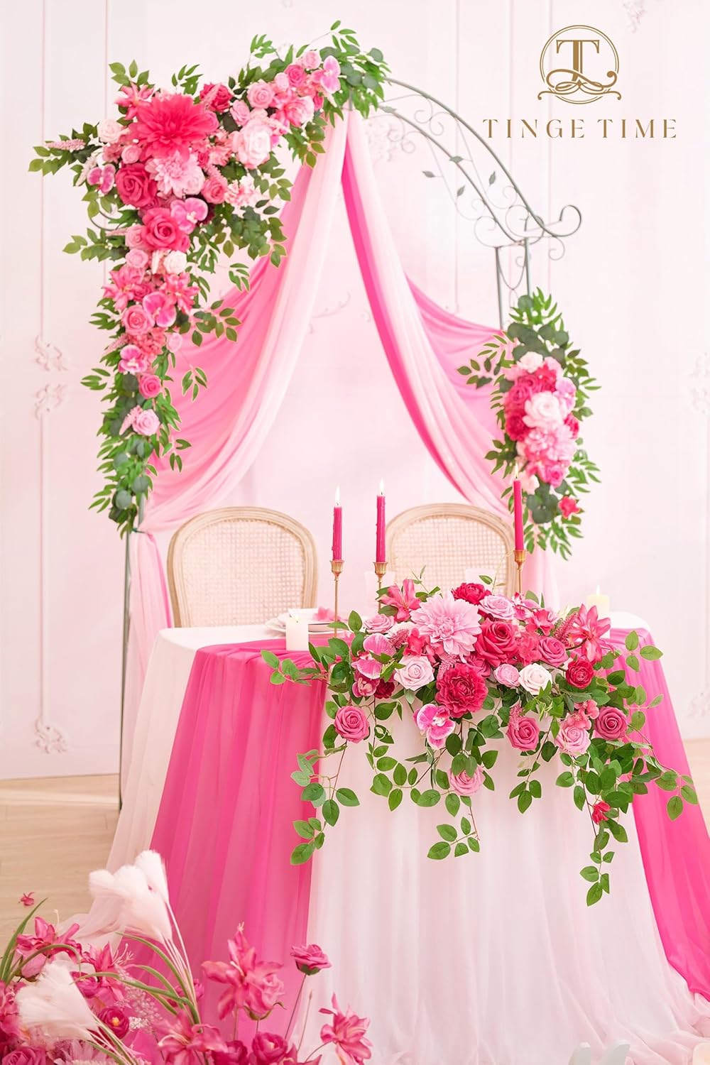 TINGE TIME Artificial Sweetheart Flower Swag Set with Tablecloth and Runner Hot Pink