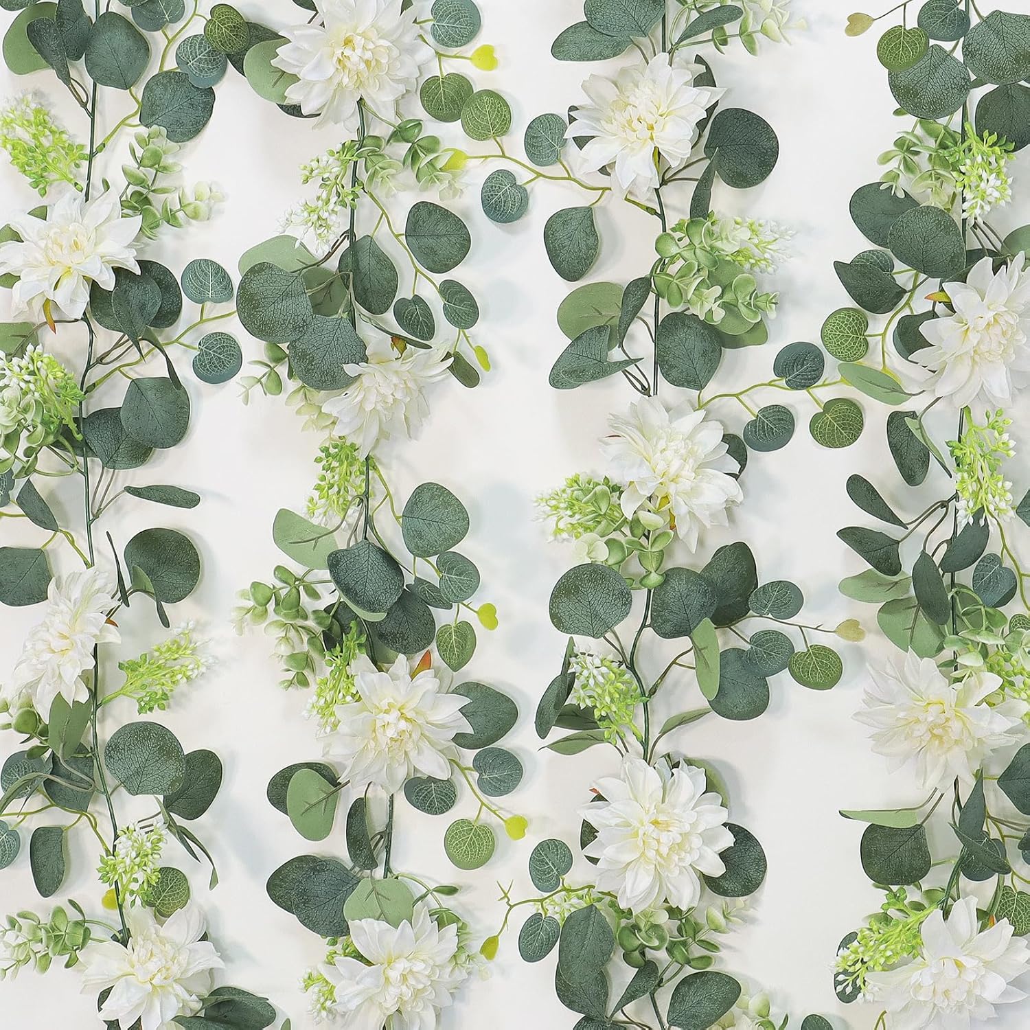 Dremisland Artificial Flowers Garland 2 Pack 12ft Eucalyptus with White Dahlias and Berries