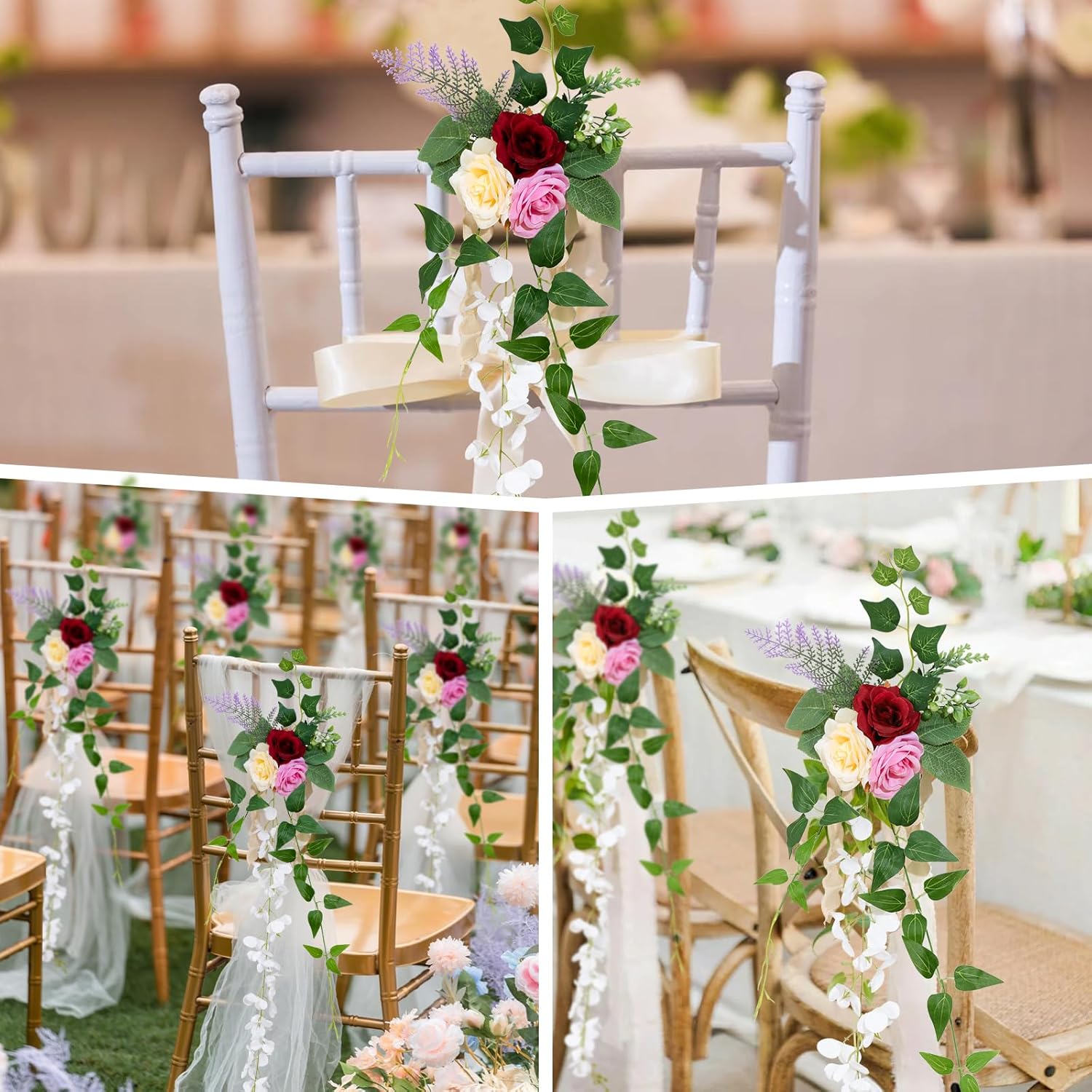 Garisey 10pcs Wedding Aisle Chair Flowers Set Red Pink