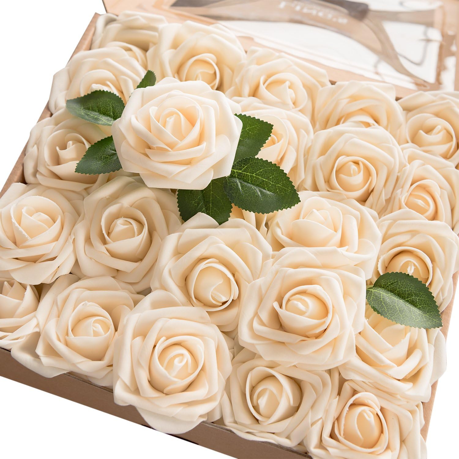 Lings Moment Artificial Flowers 50Pcs Cream Roses Decor with Stems