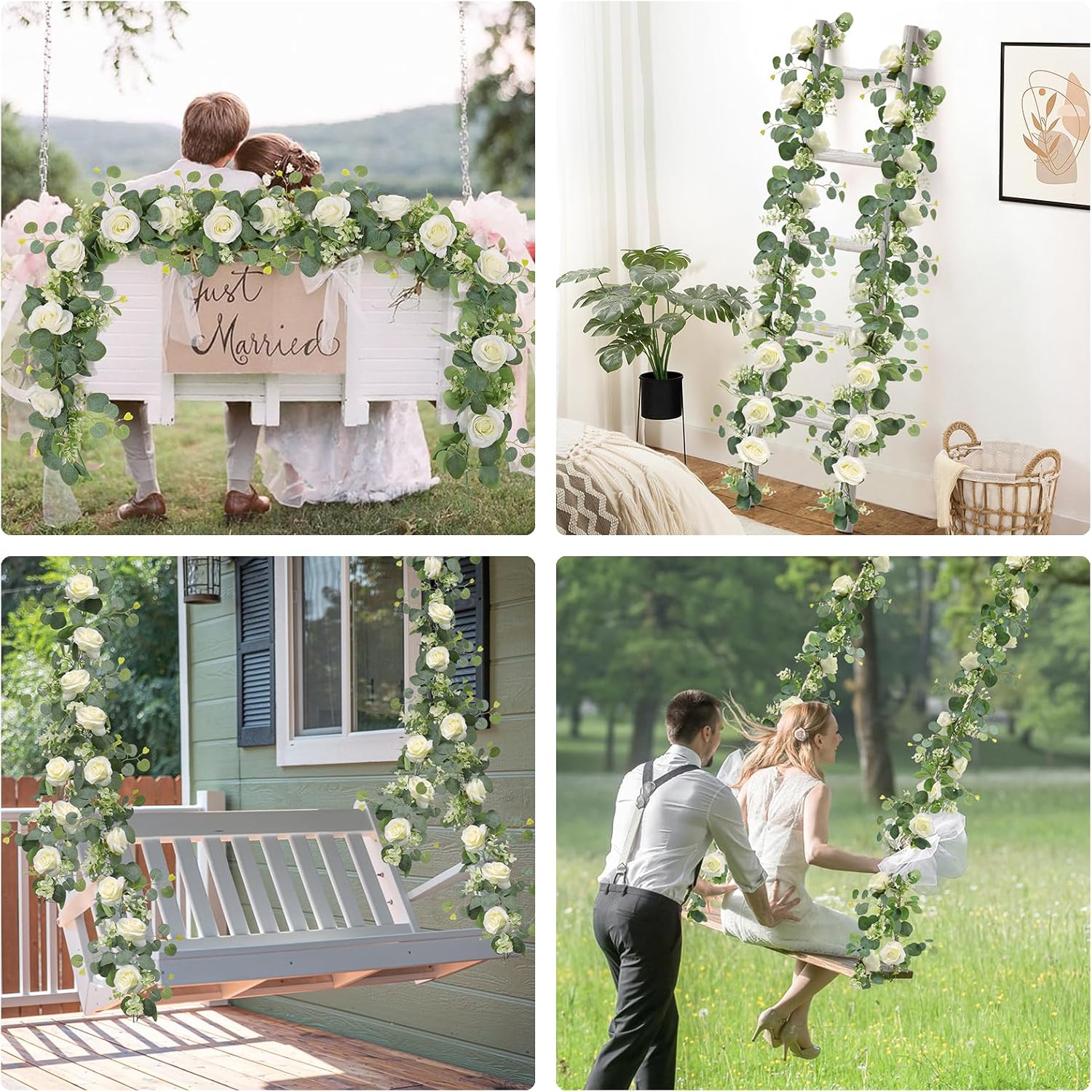 TOCHGREEN 2Pcs Artificial Eucalyptus Garland with White Roses and Gypsophila