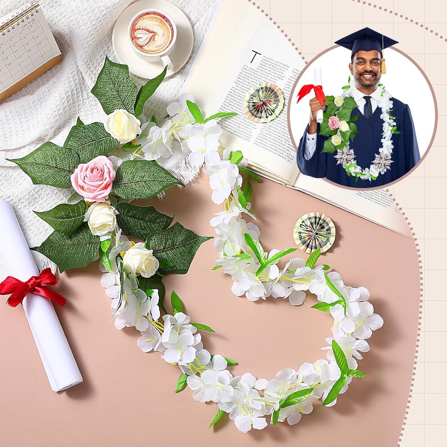6 Pcs Hawaiian Graduation Lei with Roses