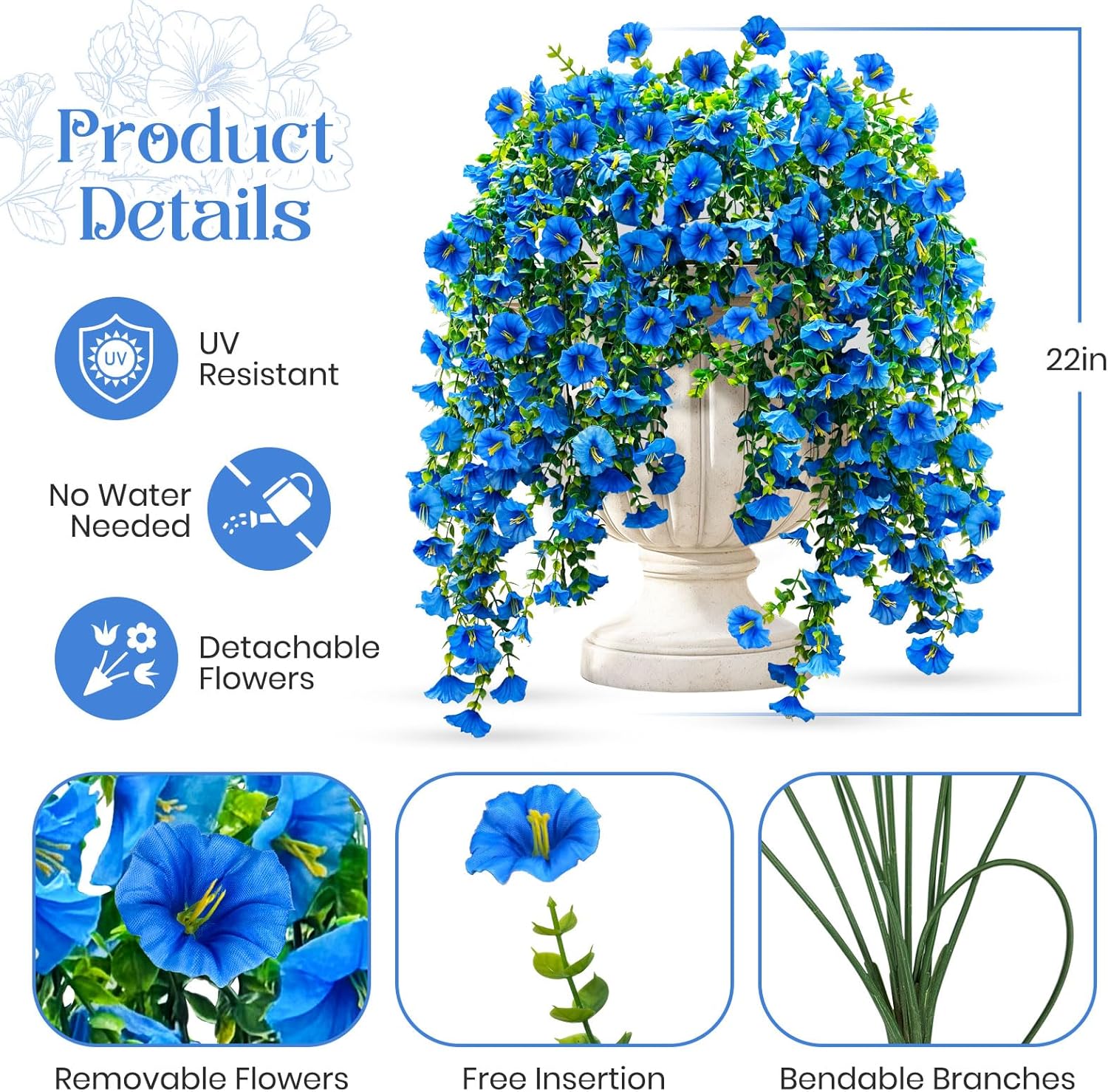 ICX 4PCS Artificial Hanging Morning Glory Flowers Blue