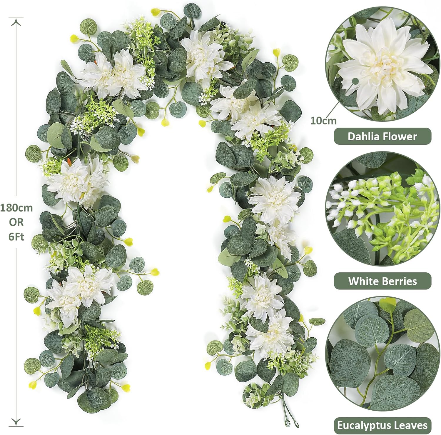 Dremisland Artificial Flowers Garland 2 Pack 12ft Eucalyptus with White Dahlias and Berries