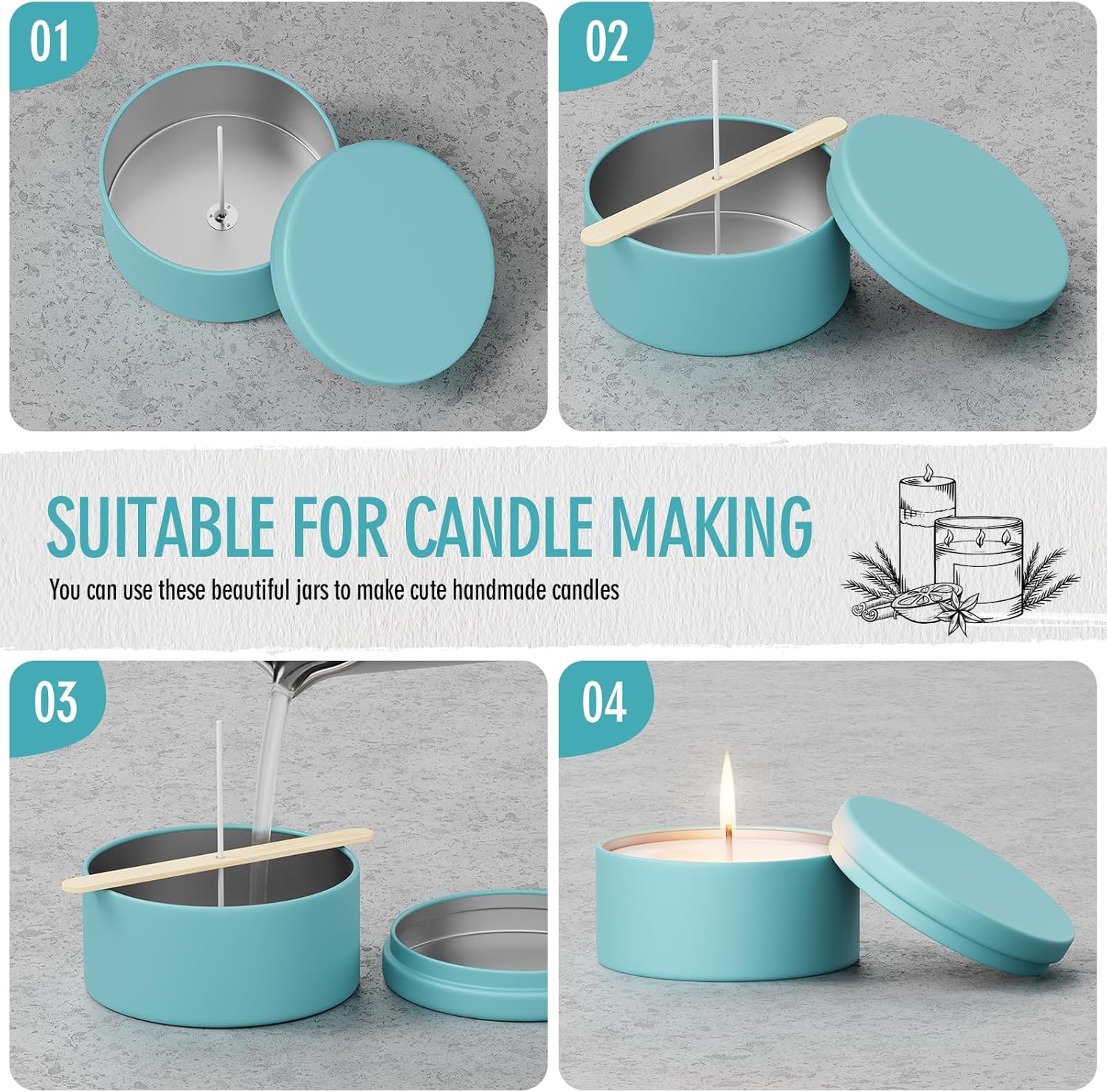 MeiGlow 8oz Candle Tins 12PCS 4 Colors