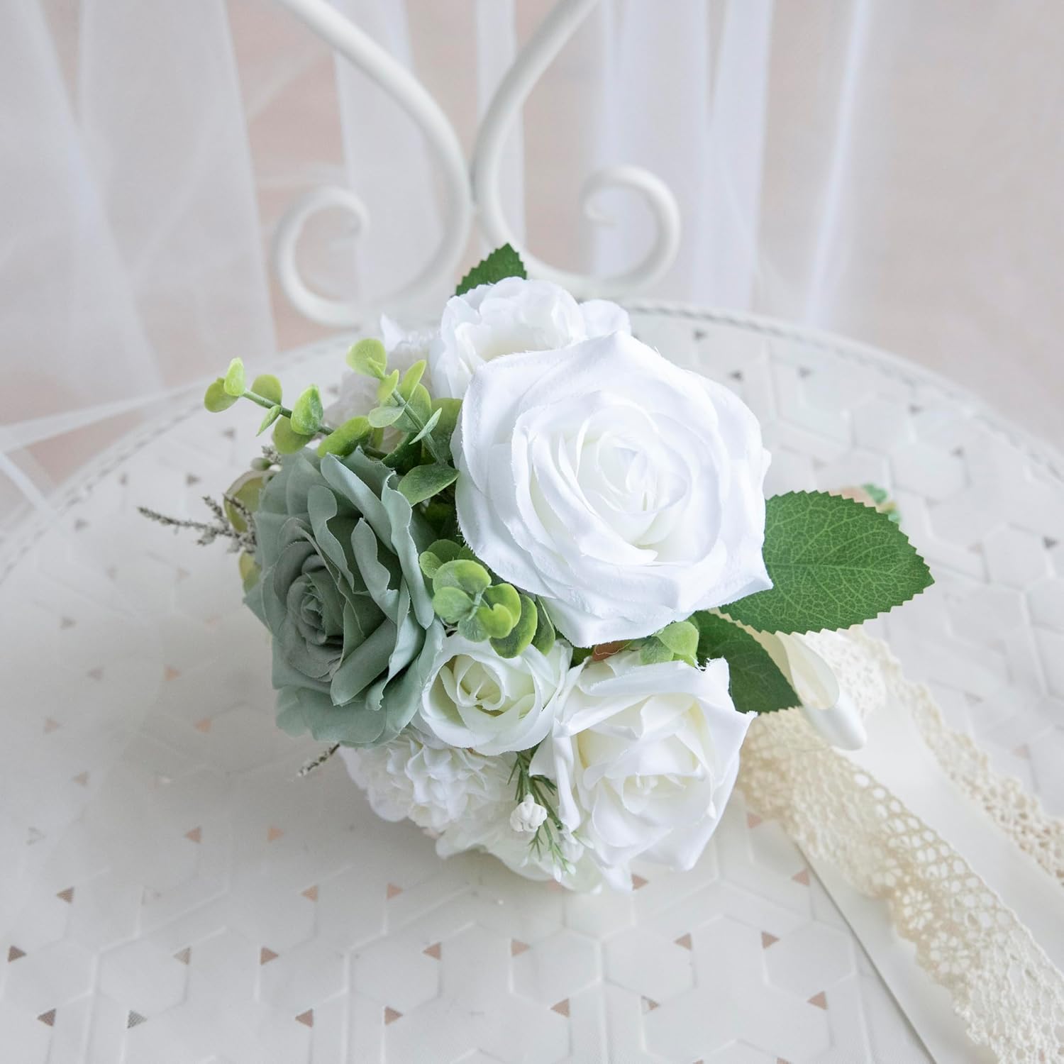 Elegant Artificial Wedding Bouquet with Silk Roses and Baby Breath