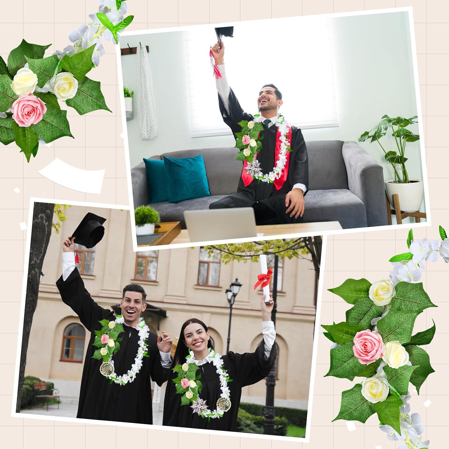 6 Pcs Hawaiian Graduation Lei with Roses