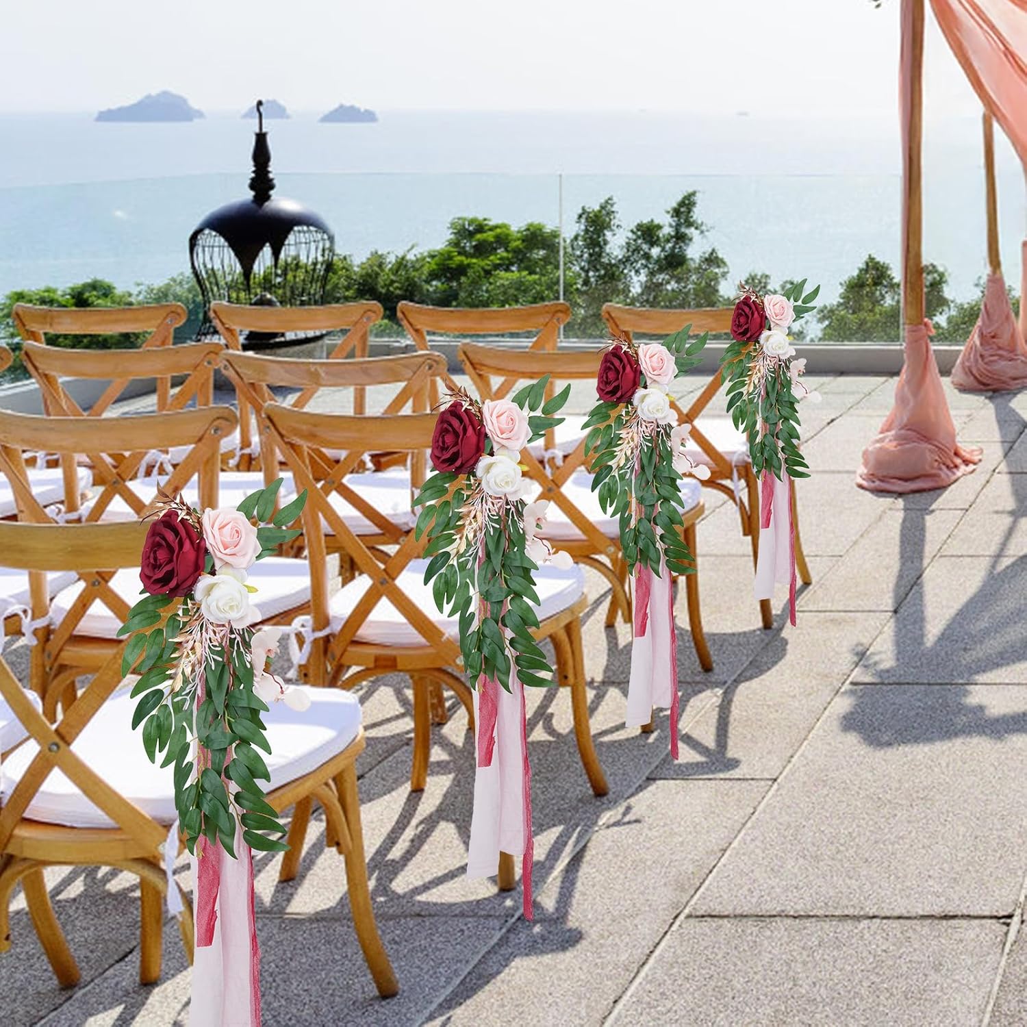 6PCS Wedding Artificial Aisle Chair Flowers Decor with Chiffon Ribbons