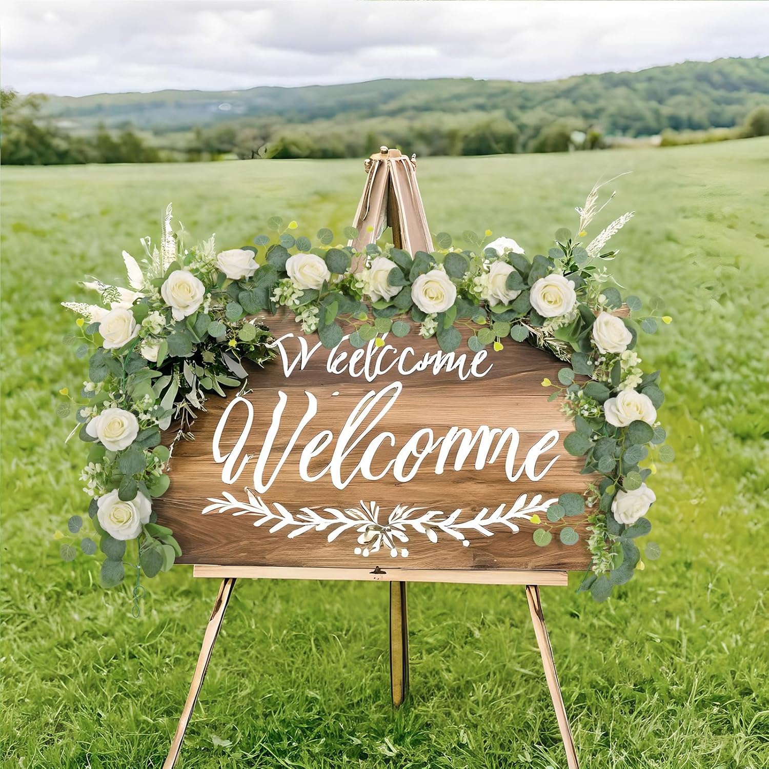 TOCHGREEN 2Pcs Artificial Eucalyptus Garland with White Roses and Gypsophila