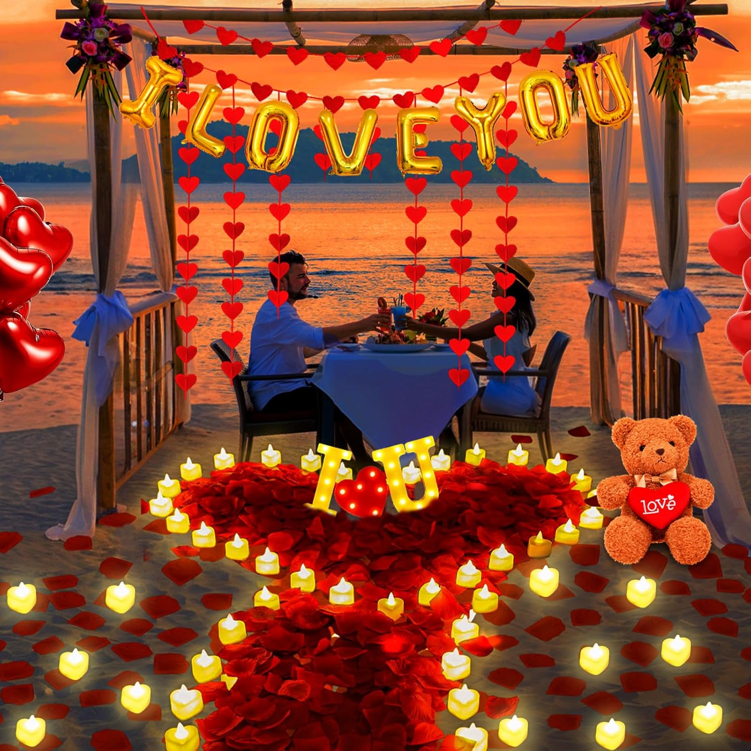 Romantic Decoration Set with Rose Petals and Candles