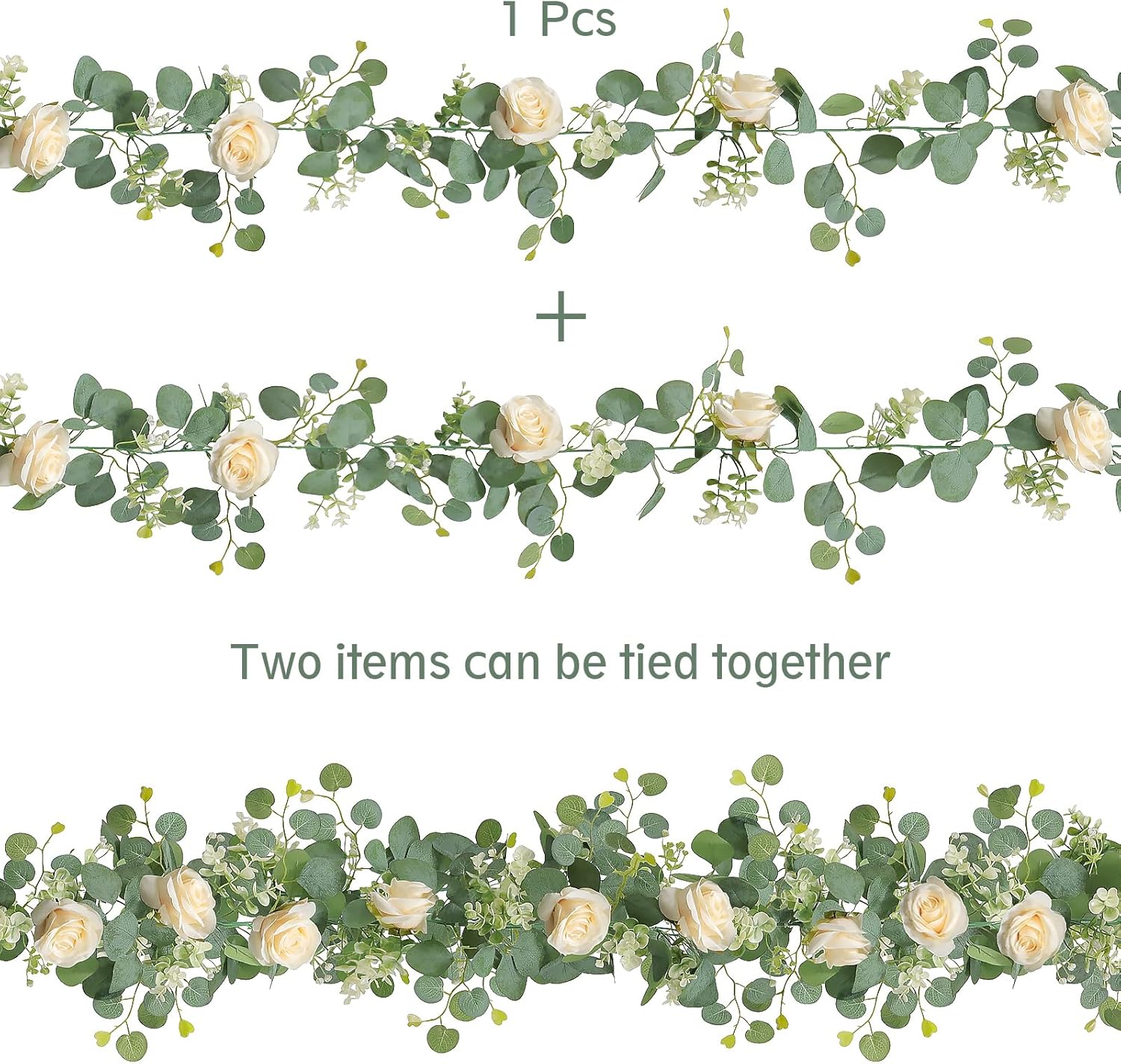 TOCHGREEN 2Pcs Artificial Eucalyptus Flower Garland with Champagne Rose and Gypsophila