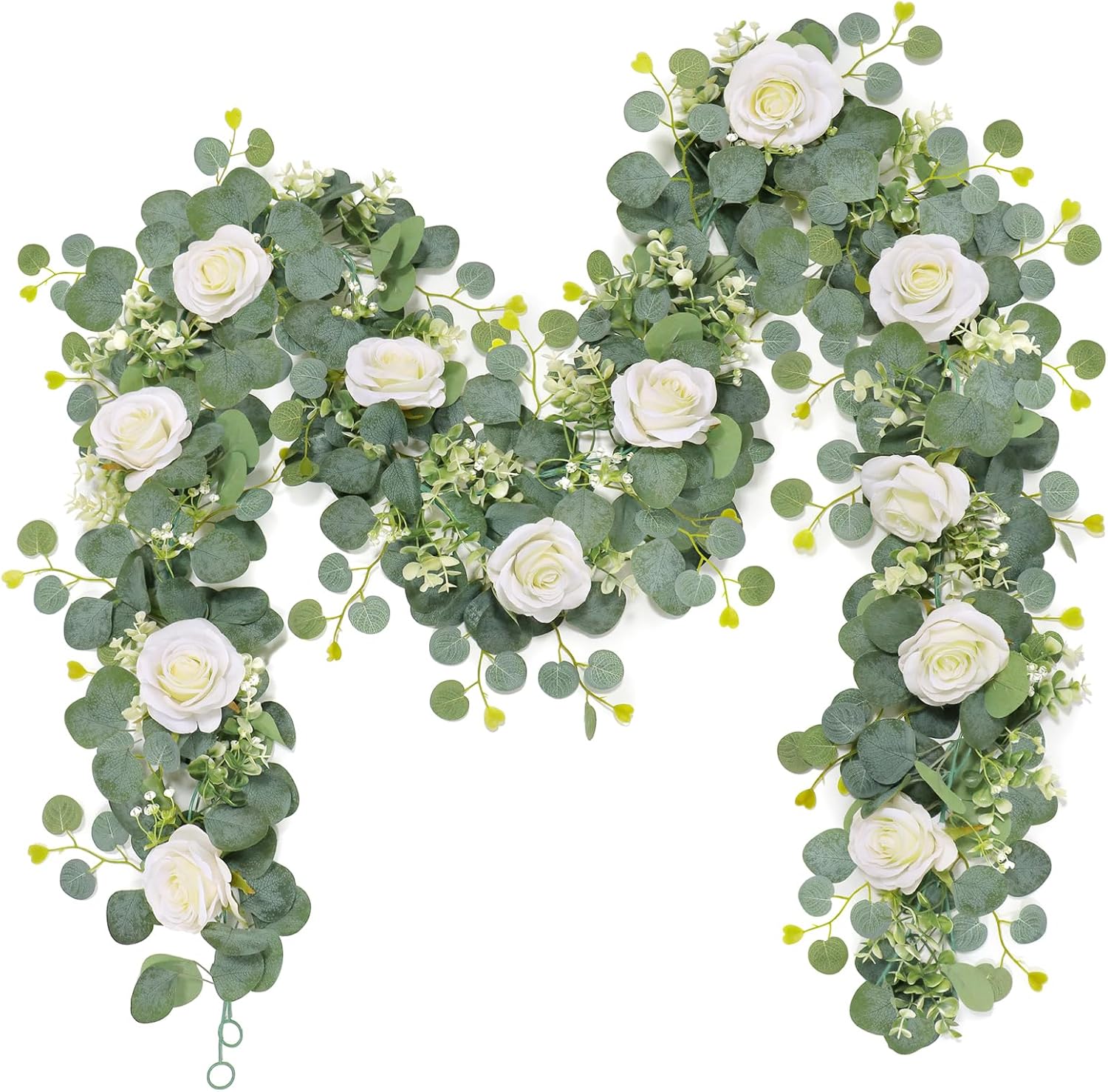 TOCHGREEN 2Pcs Artificial Eucalyptus Garland with White Roses and Gypsophila