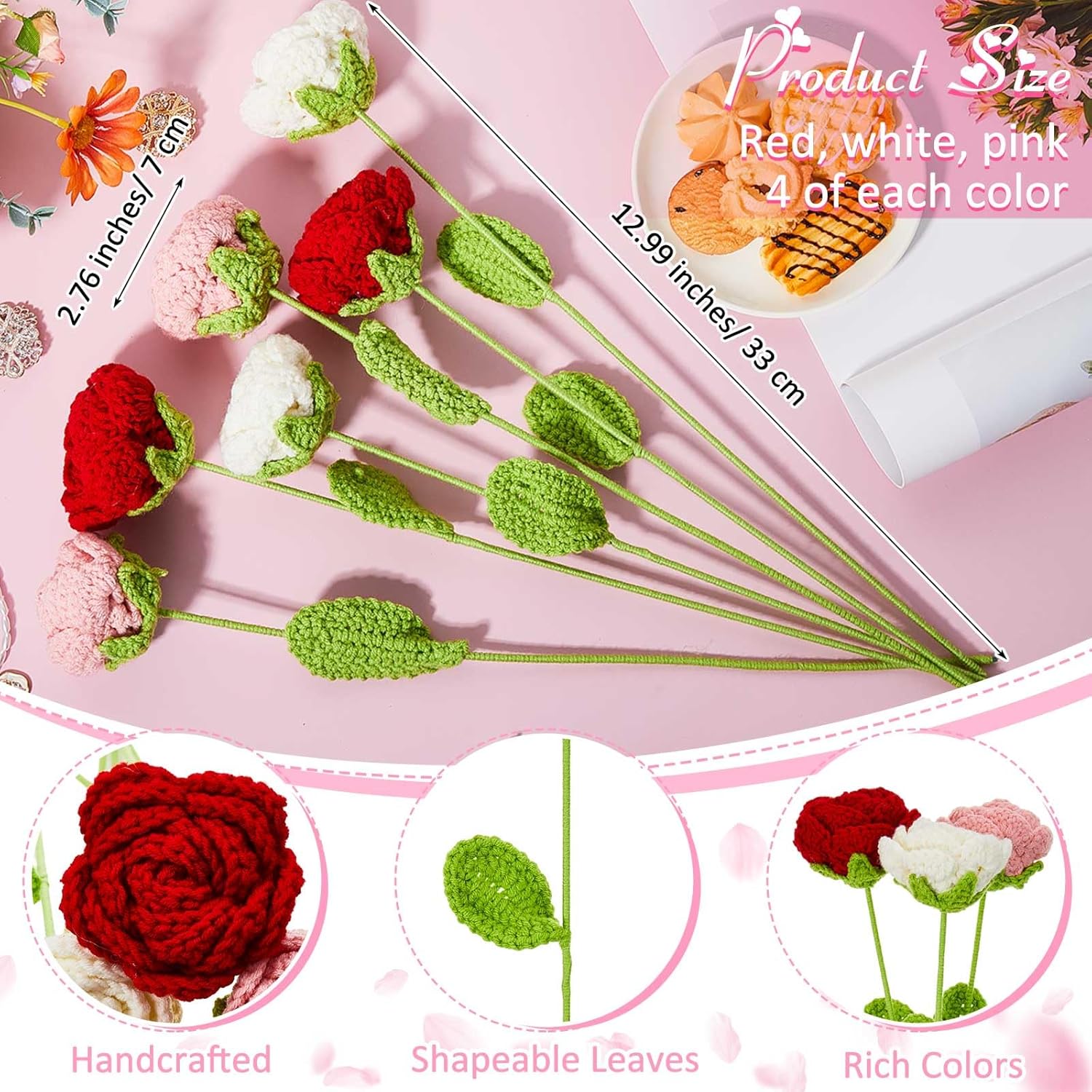 Riceshoot 12 Pcs Handmade Crochet Roses Bouquet Gifts