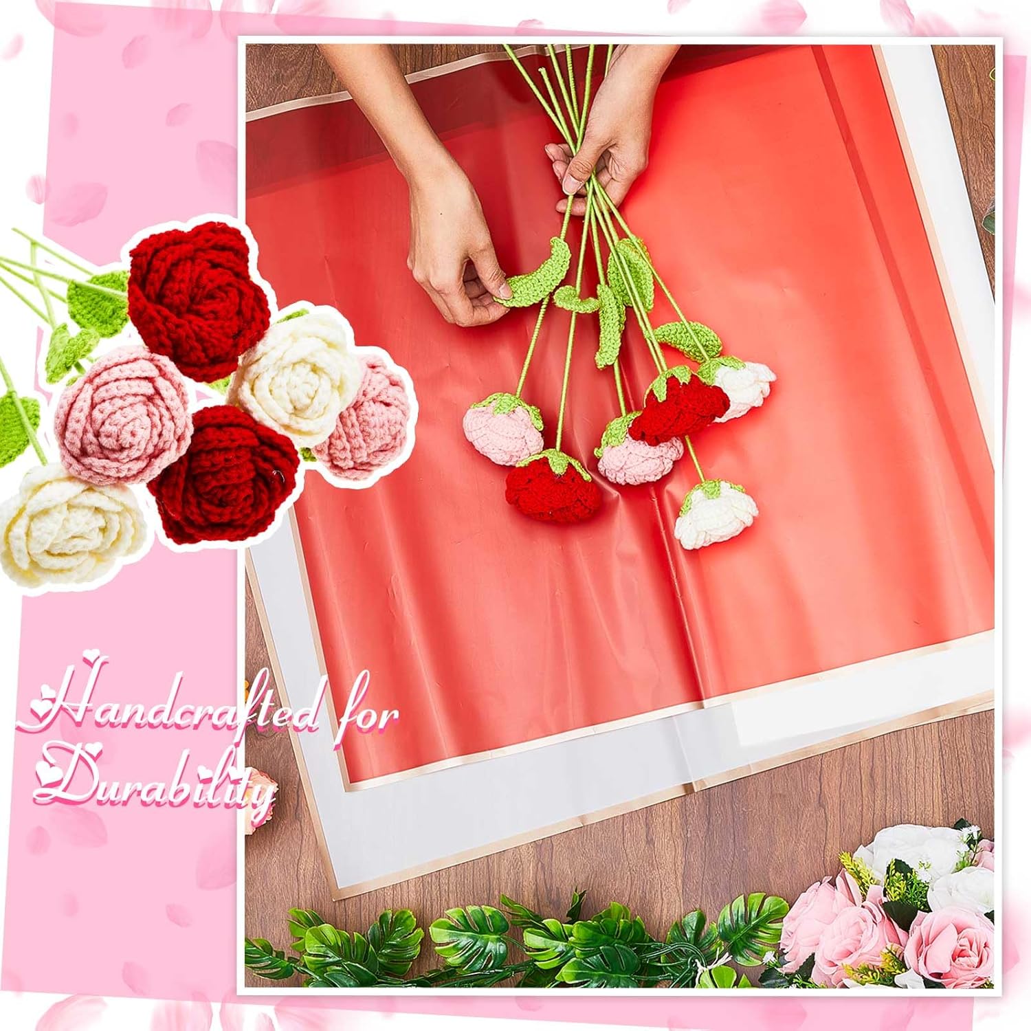 Riceshoot 12 Pcs Handmade Crochet Roses Bouquet Gifts