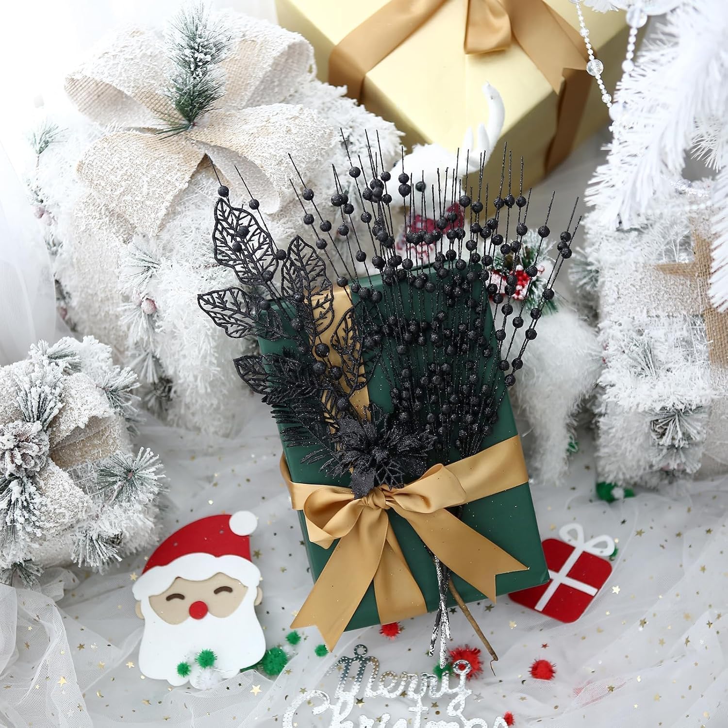 12 Pack Artificial Glitter Christmas Tree Picks Black with Berry Stems and Flowers