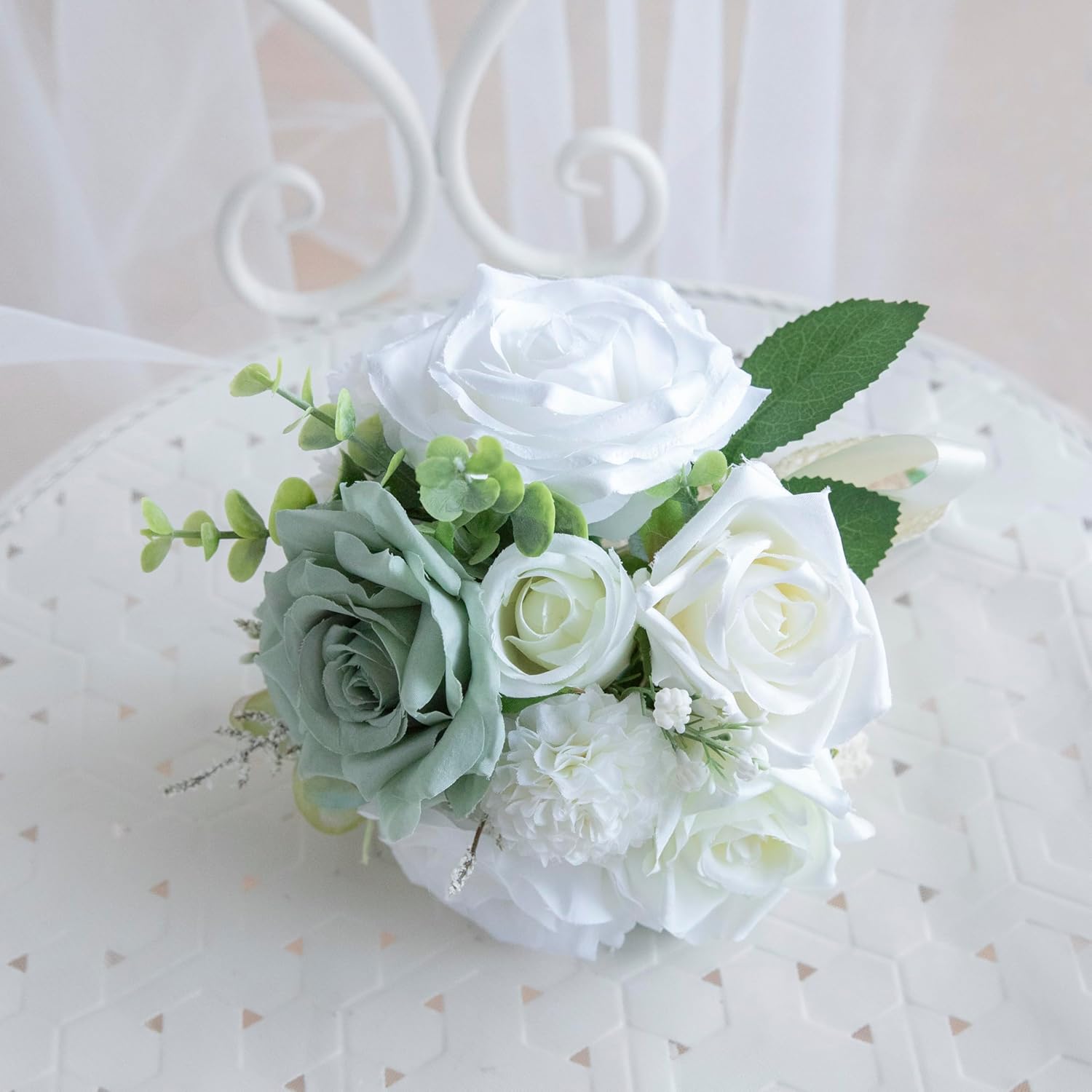 Elegant Artificial Wedding Bouquet with Silk Roses and Baby Breath