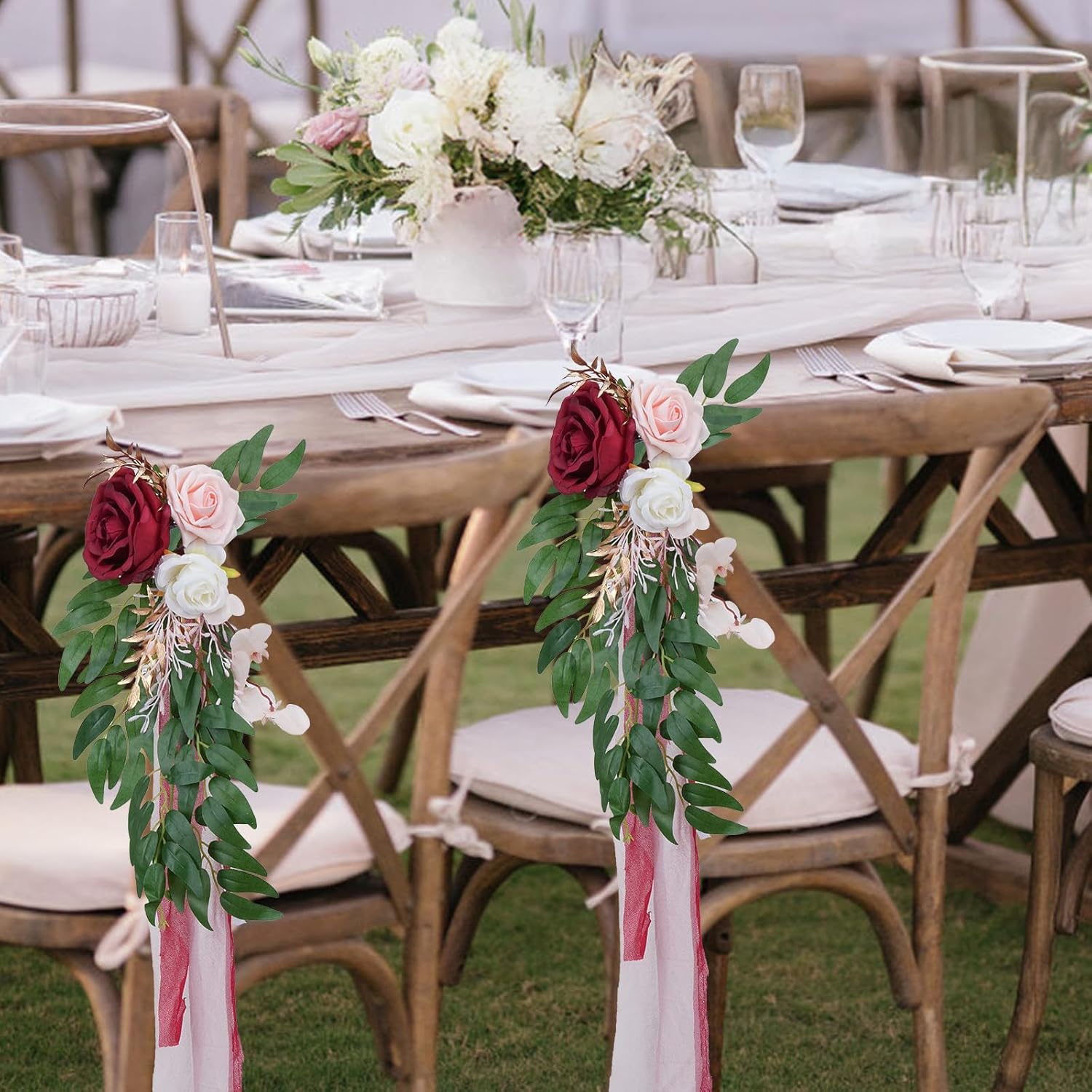 6PCS Wedding Artificial Aisle Chair Flowers Decor with Chiffon Ribbons