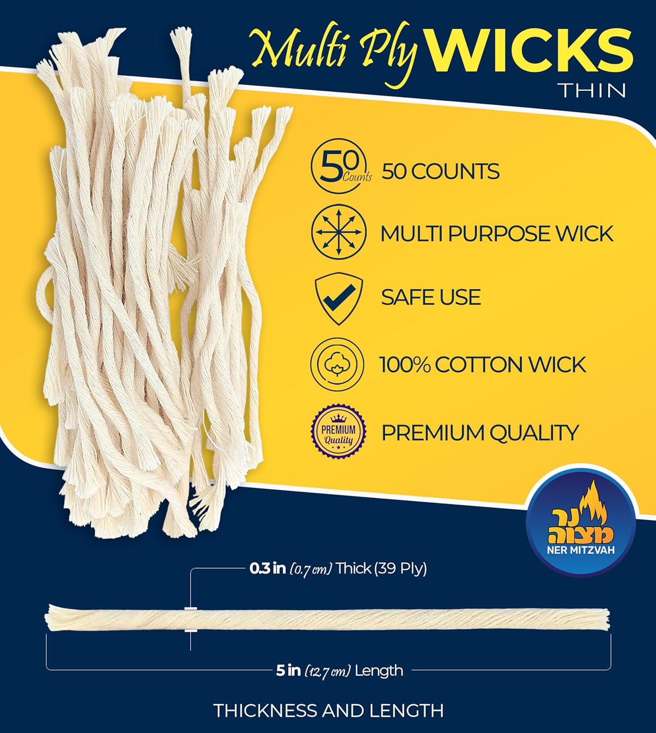 Ner Mitzvah Natural Smokeless Cotton Wicks 50 Count Replacement