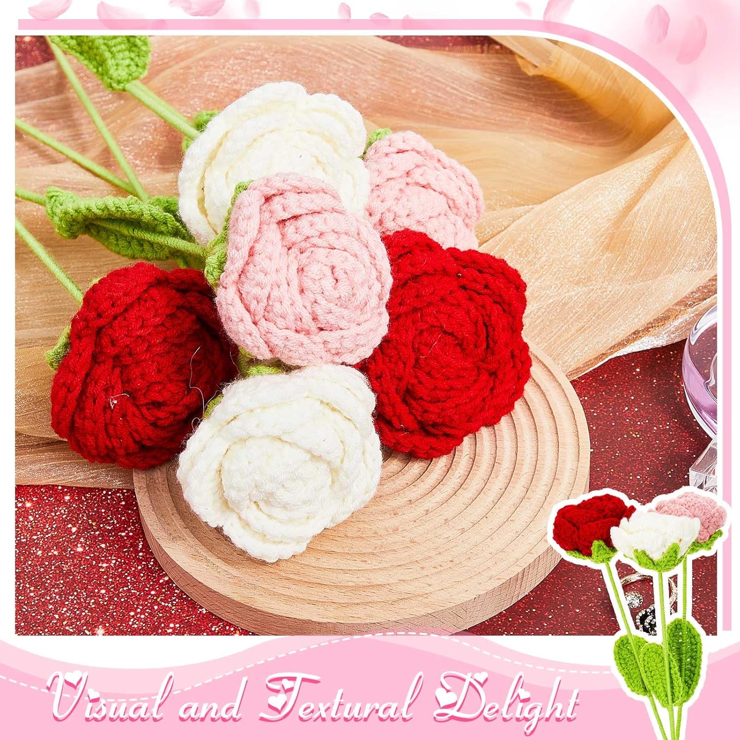 Riceshoot 12 Pcs Handmade Crochet Roses Bouquet Gifts